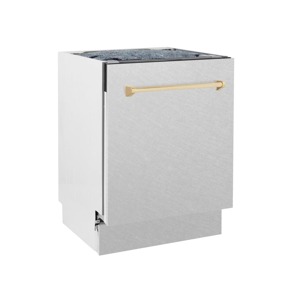 ZLINE Autograph Edition 24-inch Built-In Dishwasher with 3rd Rack - Satin Stainless Steel Panel & Polished Gold Handle - 51dBa Ultra Quiet - Perfect for Modern Kitchens & Open-Concept Homes (DWVZ SN 24 G)