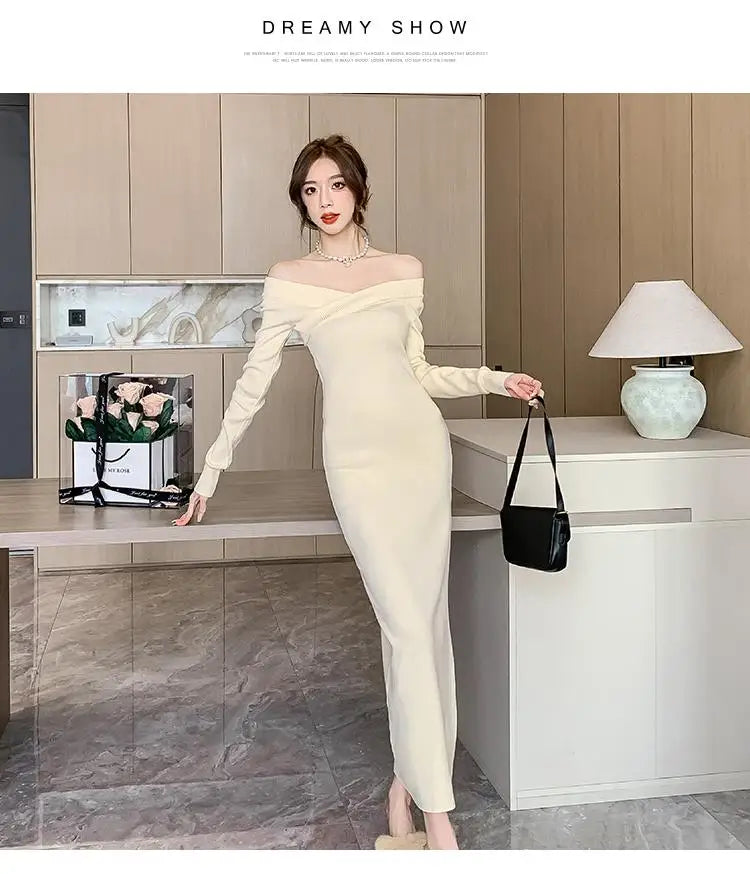 Beige Knit Sweater Dress for Women - Autumn Winter Long Sleeve V-Neck Slim Fit High Waist Elegant Party Dress (Black, Red) - Perfect for Evening Events, Date Nights & Holiday Gatherings