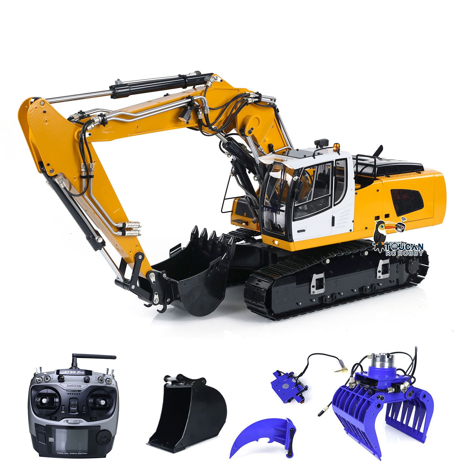 MTM 1/14 Scale 946 3 10CH RC Hydraulic Excavator Toy - 3 Arms Metal Digger with Ripper & Grab Bucket, Assembled & Painted Model for Construction Enthusiasts - Perfect for Kids Play, Collectors Display and Construction Simulation