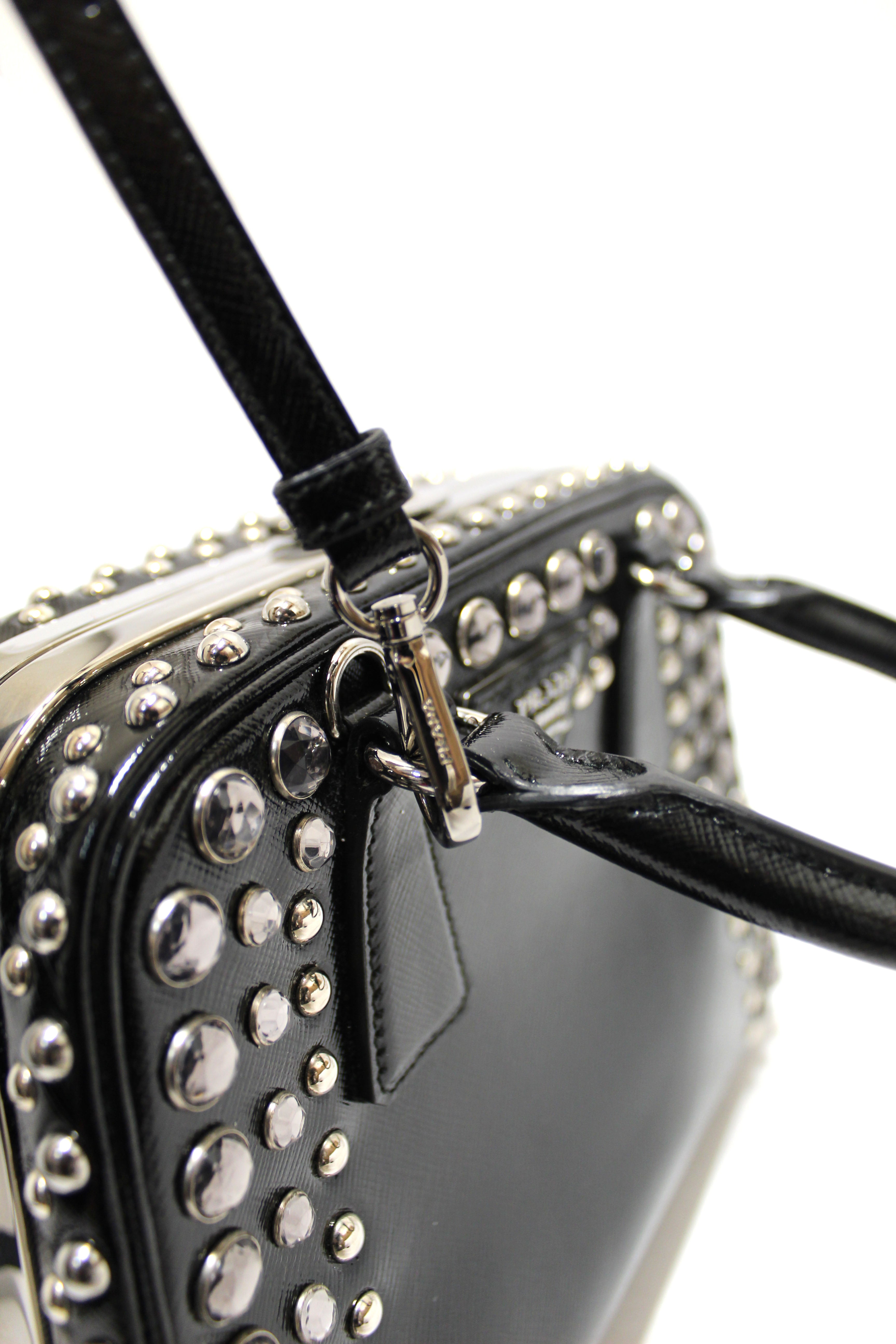 Authentic Prada Black Patent Saffiano Leather Studded Pyramid Bag for Women | Luxury Designer Handbag for Work, Evening & Special Occasions