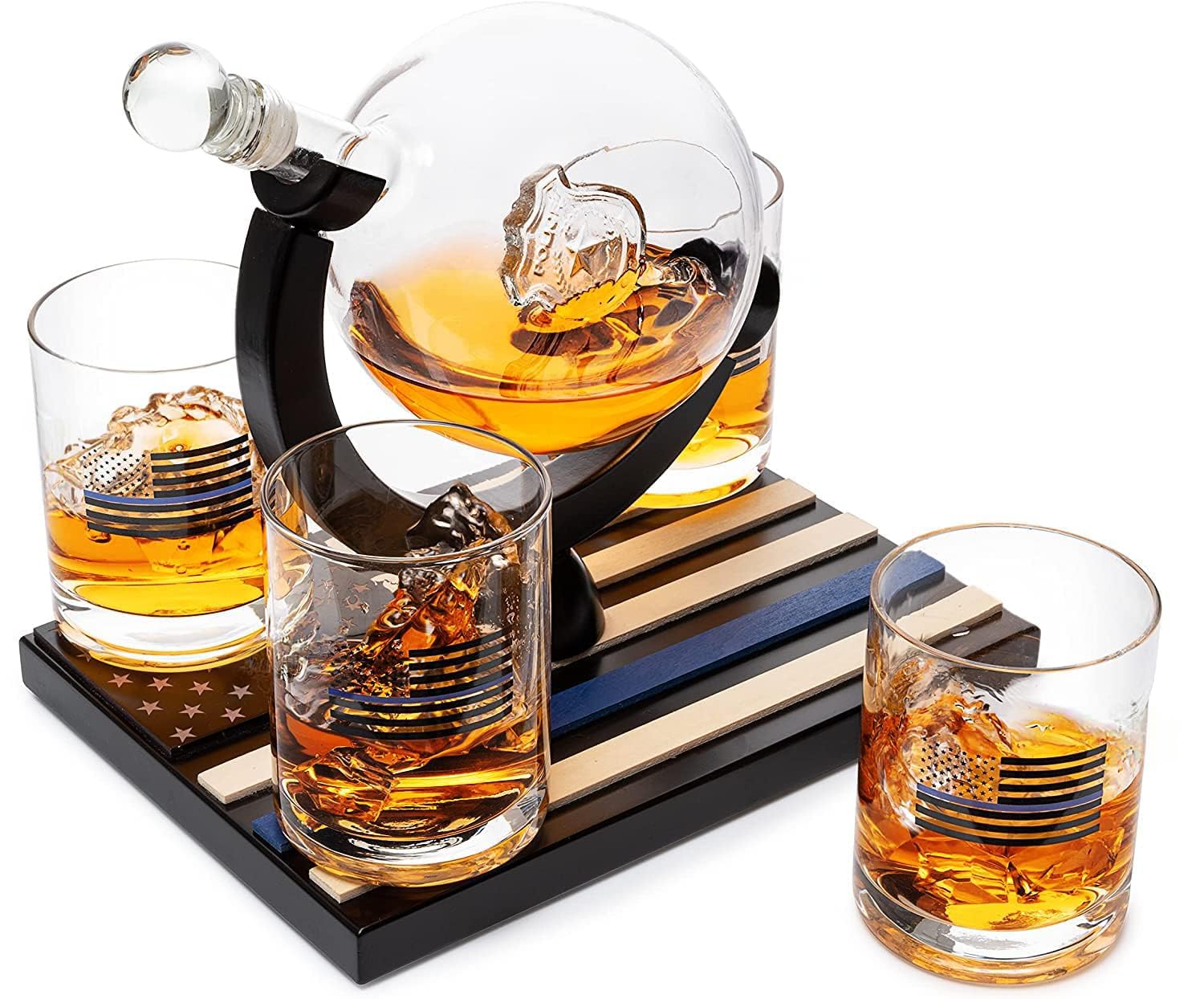 Police Officers Whiskey Decanter Set - 850ml Glass Decanter & 4 (10oz) Glasses with Thin Blue Line Flag Base - Law Enforcement Gifts for Police, First Responders & Police Academy Graduates - Perfect for Father's Day, Retirement & Appreciation Gifts