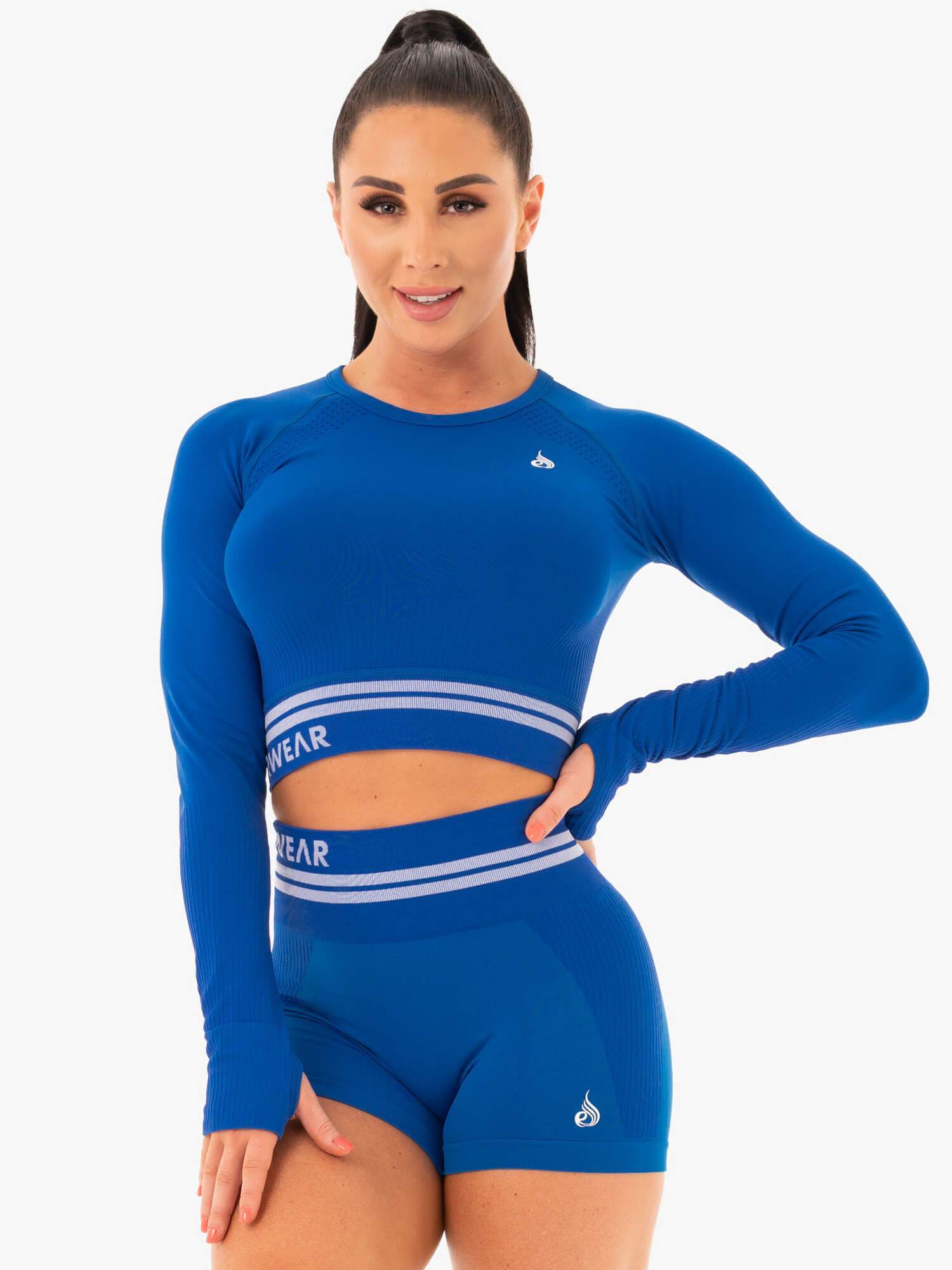 Freestyle Seamless Long Sleeve Crop Top - Blue | Women's Athletic Workout Shirt for Yoga, Running & Gym