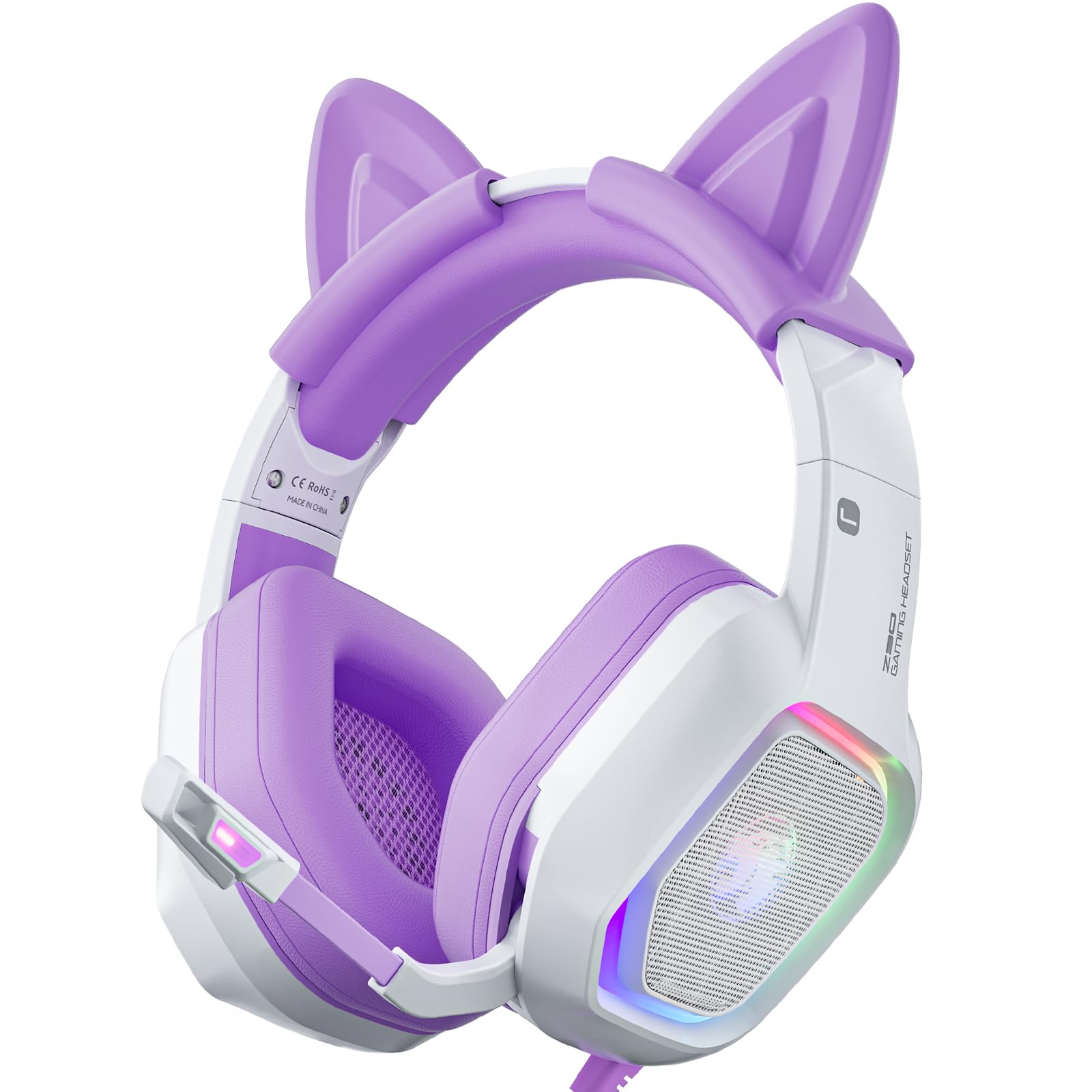 ZIUMIER Purple Gaming Headset with Microphone - Noise Canceling Over-Ear Headphones with Detachable Cat Ears, RGB Lights & Stereo Surround Sound for PS4, PS5, Xbox One, PC & Laptop - Perfect for Gaming, Streaming & Online Classes