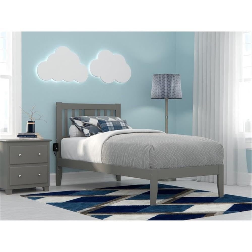 BOWERY HILL Transitional Wood Twin Spindle Bed Frame with USB Turbo Charger - Gray Finish | Modern Bedroom Furniture for Small Spaces & Guest Rooms