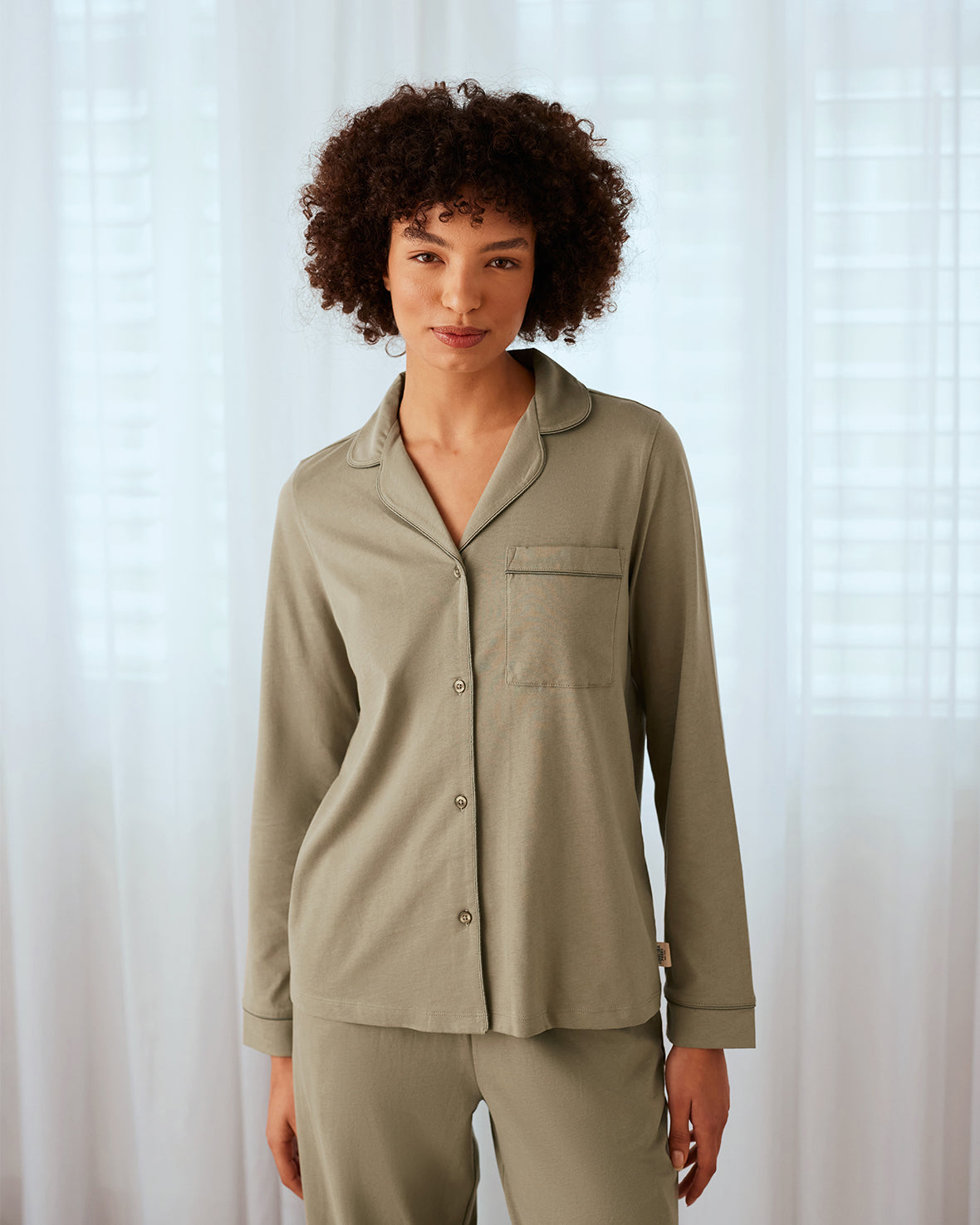 Organic Cotton Button-Up Long Sleeve Pajama Set for Women - Soft & Comfortable Sleepwear - Sage Green Loungewear for Relaxing at Home or Travel