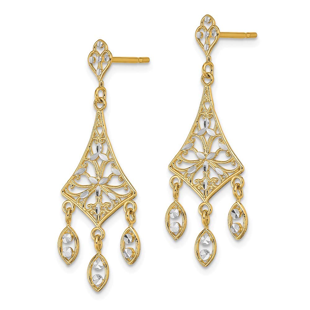 14K White & Yellow Gold Two-Tone Chandelier Triangle Drop Earrings with Intricate Filigree Design - Elegant Dangle Earrings for Parties, Weddings & Special Occasions
