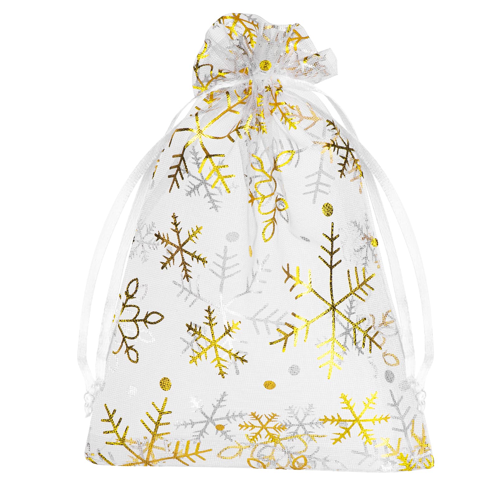 HongyiTime 100 PCS 4X6 inch White Snowflake Organza Gift Bags - Christmas Jewelry Pouches & Drawstring Candy Bags for Party Favors, Wedding Gifts, Holiday Decorations