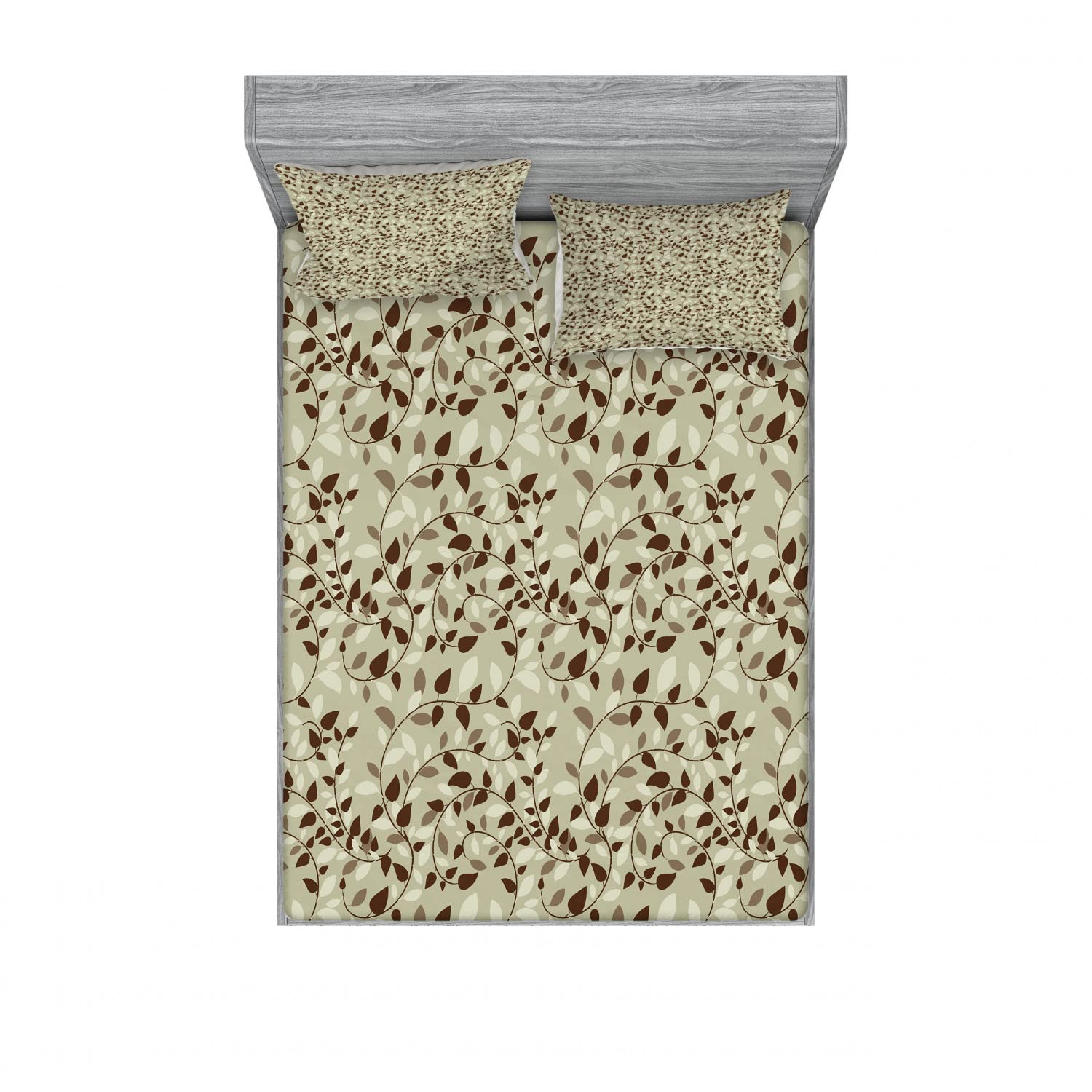 Ambesonne 2-Piece King Size Fitted Sheet Set with 4 Pillow Shams - Abstract Floral Swirl Pattern in Brown & Khaki - Soft Bedding Collection for Master Bedroom, Guest Room & Vacation Homes