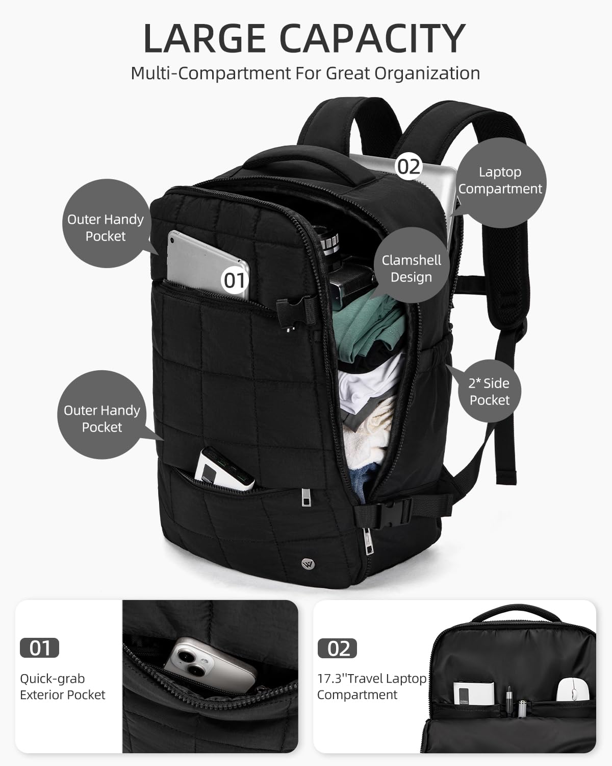 WESTBRONCO 17 Inch Travel Laptop Backpack for Women - Flight Approved Carry On Backpack with USB Charging Port, Water Resistant Puffy Weekender Bag for Business, College, Commuting & Airplane Travel