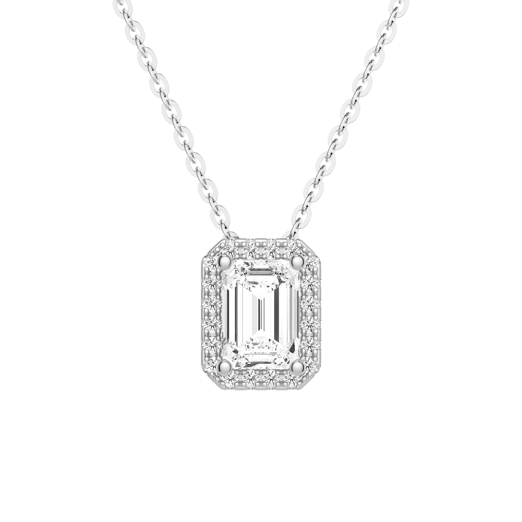 Emerald Cut Pavé Moissanite Halo Pendant Necklace - 14K Gold Plated Elegant Jewelry for Women | Perfect for Weddings, Anniversaries & Special Occasions