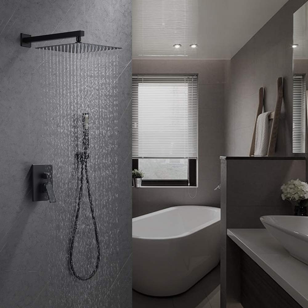 Matte Black Shower Set - 10 Inch High Pressure Rain Shower Head with Handheld & Mixer Valve | Modern Bathroom Shower System with Pressure Balance Valve & Trim Kit | Perfect for Spa-Like Experience & Water Conservation