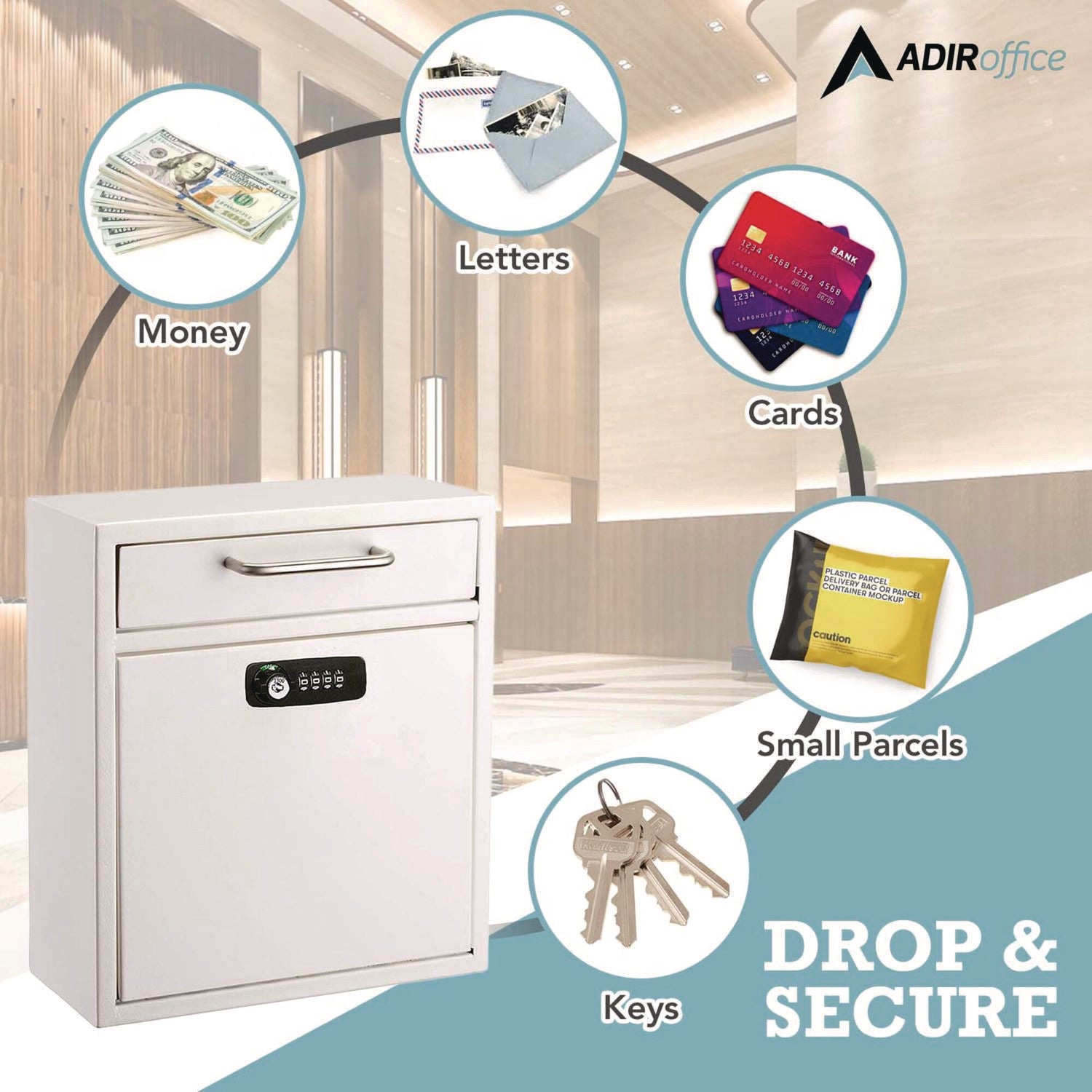 AdirOffice Medium Secure Drop Box - Wall Mounted Locking Mailbox with Key & Combination Lock - 10.51