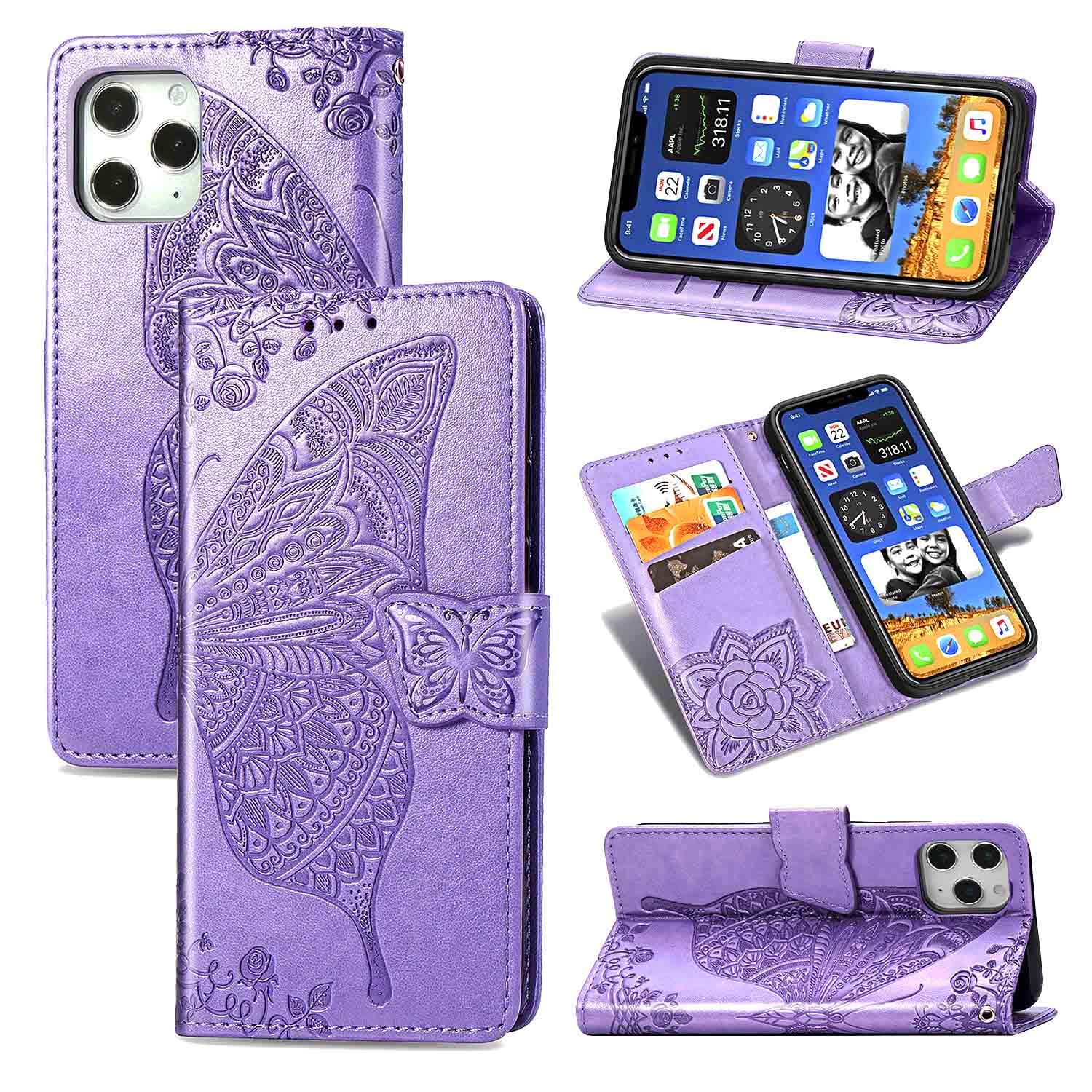 Premium iPhone 12 Pro Max Case 6.7 inch (2020) - Wallet Case with Card Holder & Strap, 3D Embossed Butterfly Design, PU Leather Flip Cover in Blue - Perfect for Women, Girls & Everyday Use