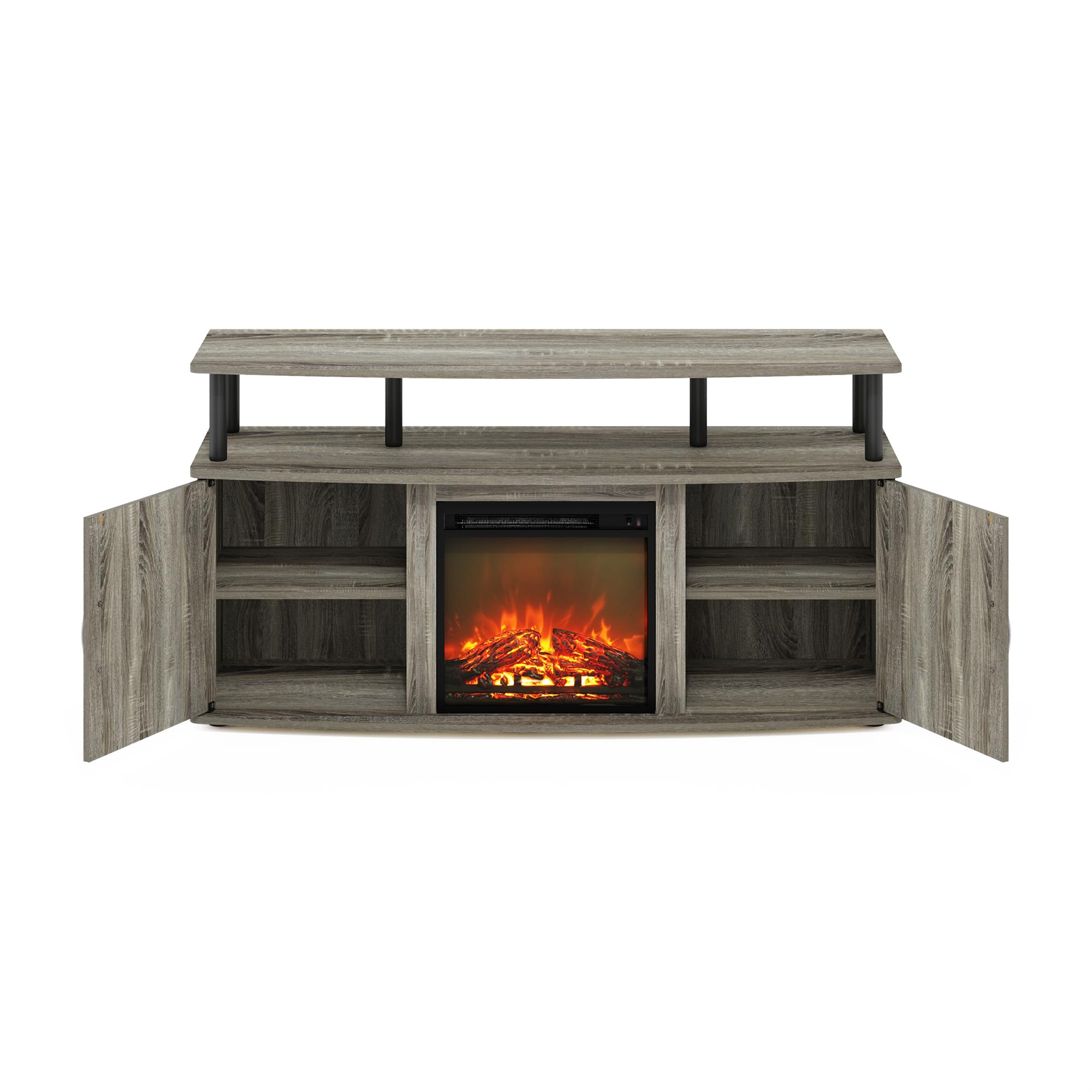 Furinno Jensen 55 Inch TV Stand with Fireplace Design, Storage Cabinet & Doors - French Oak Grey/Black - Perfect for Living Room Entertainment Centers & Home Theater Setups