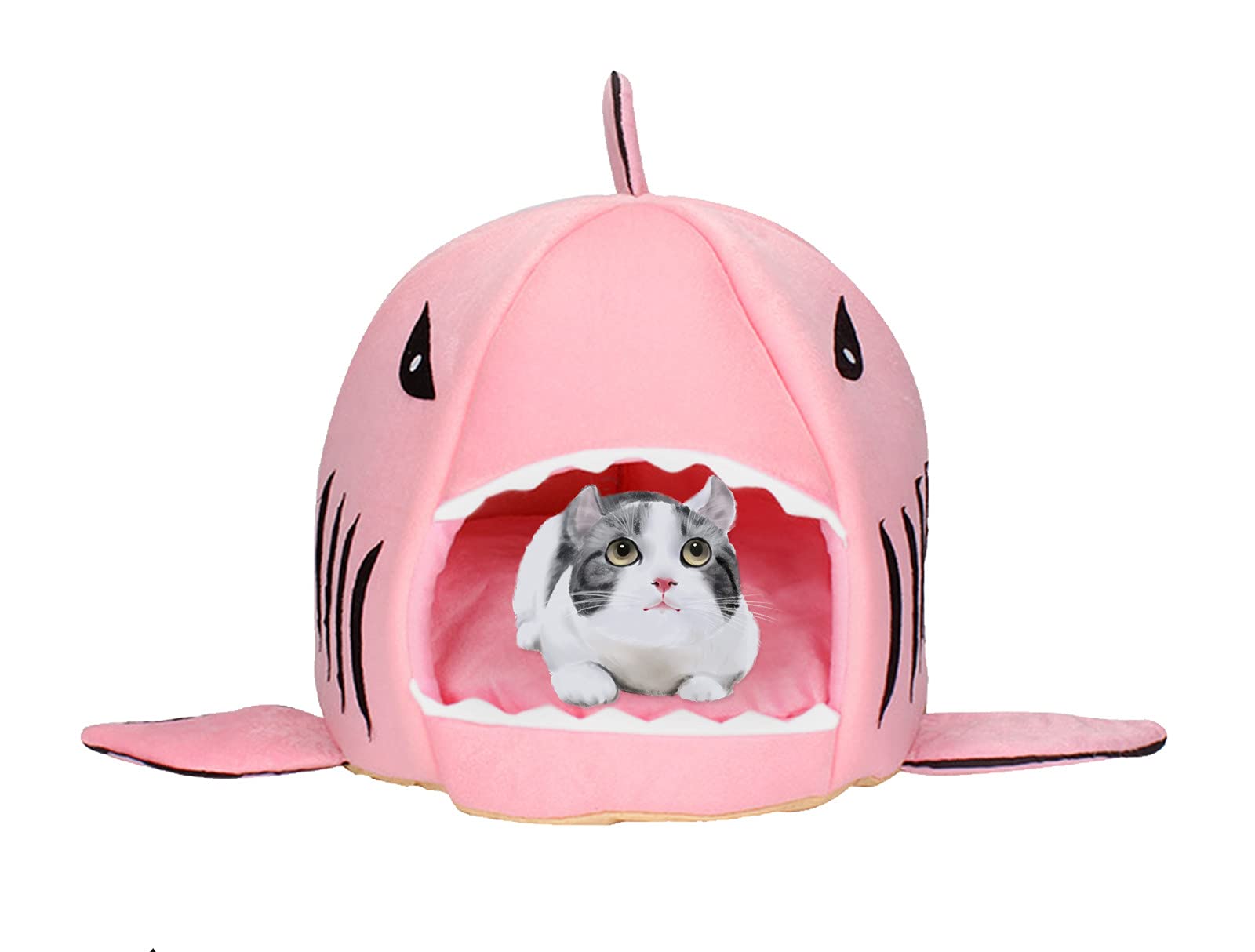 CAMAL Washable Shark Round Pet Bed - Soft Cotton Dog & Cat Bed with Mat - Large Pink for Cozy Sleeping & Relaxing - Perfect for Home, Office & Travel Use