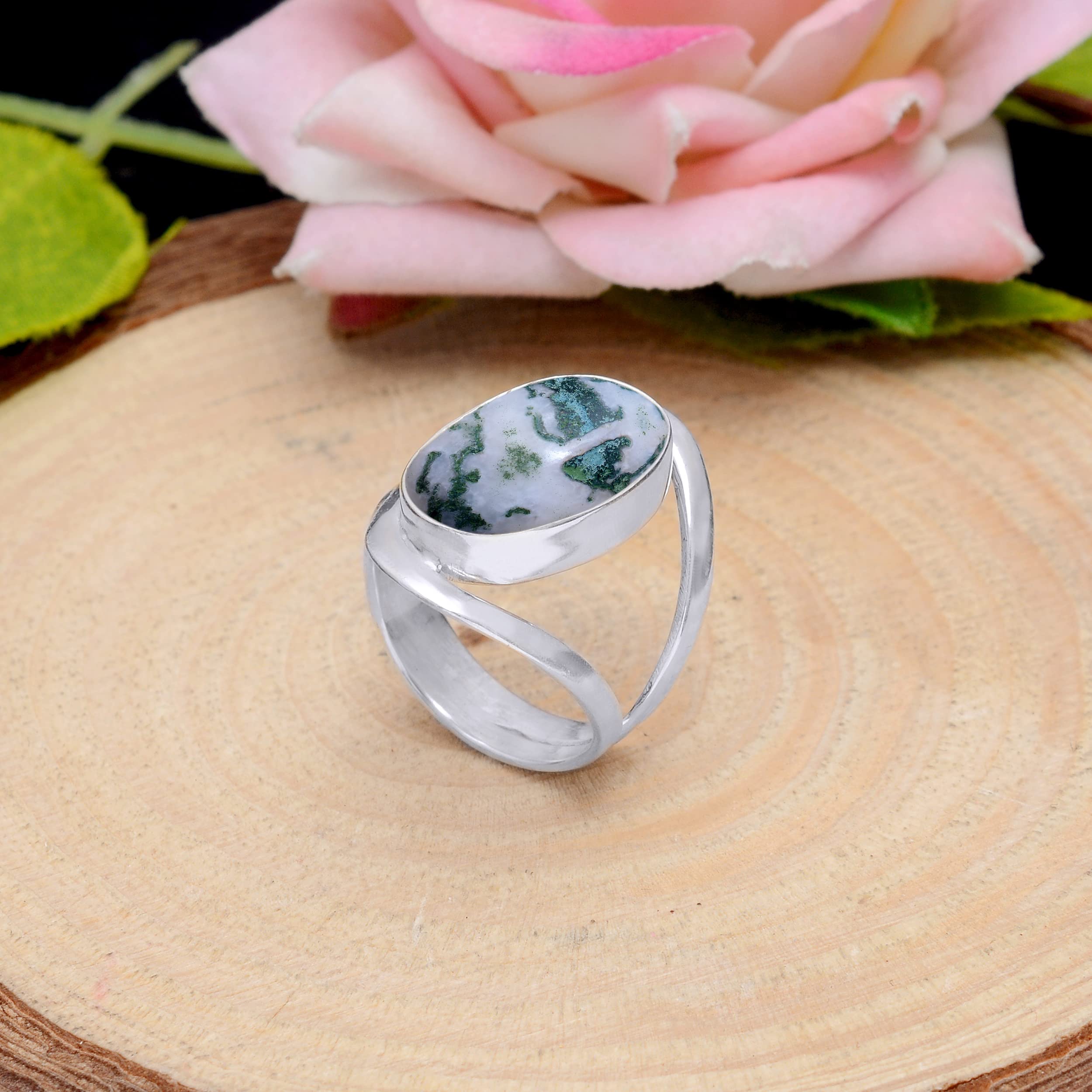 Veracity Jewelry Moss Agate Rings for Women - 925 Sterling Silver Healing Meditation Rings with Natural Green White Gemstone - VSR-160 | Spiritual Jewelry, Yoga Accessories & Gift for Her