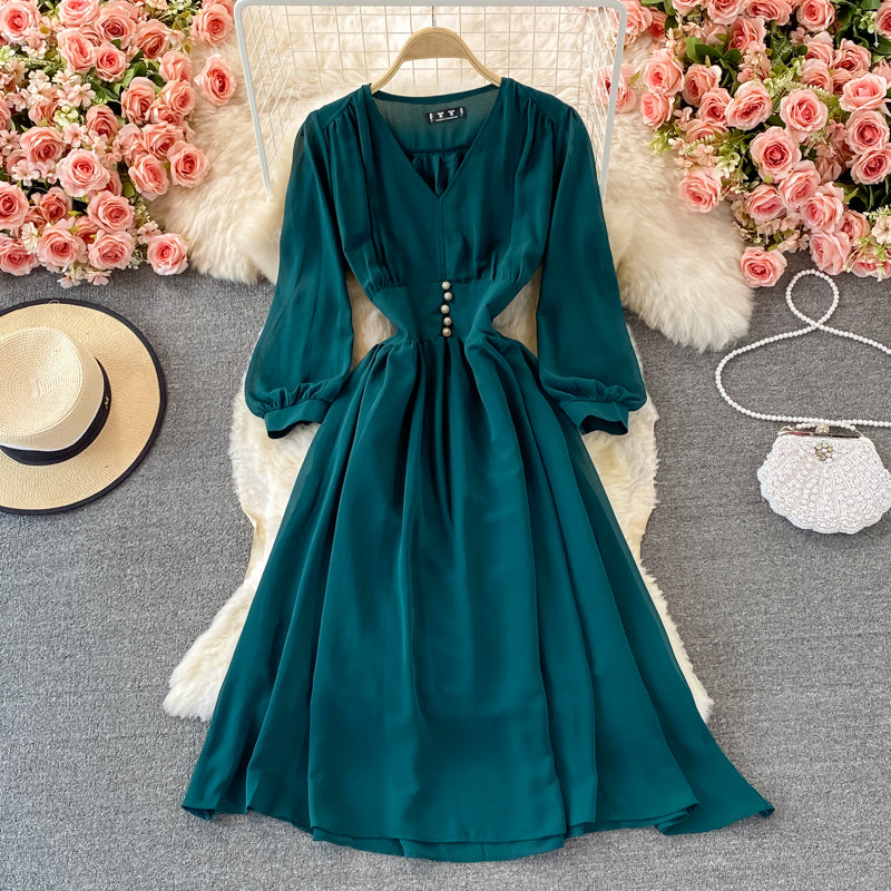 Vintage French Style Autumn Chiffon Dress with Puff Sleeves, High Waist & V-Neck - Elegant Retro Long Skirt for Fall Weddings, Date Nights and Office Wear