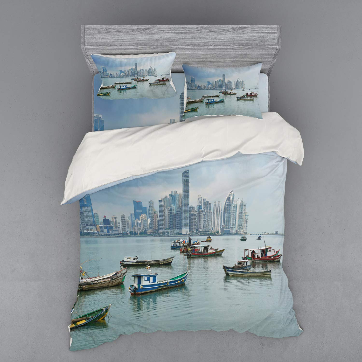 Ambesonne 4-Piece Queen Size Duvet Cover Set - Anchored Fishing Boats & Skyscrapers Panama Cityscape Design, Multicolor Coastal Bedding with Shams & Fitted Sheet | Perfect for Beach House, Coastal Decor & Nautical Theme Bedrooms