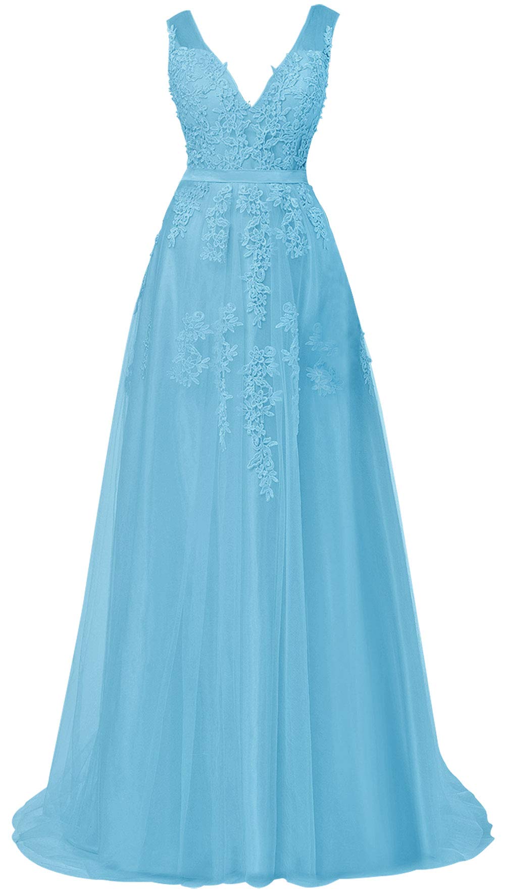 Elegant Long Prom Dresses & Bridesmaid Gowns - V-Neck Tulle Formal Evening Dress with Lace Appliques for Homecoming, Wedding, and Special Occasions