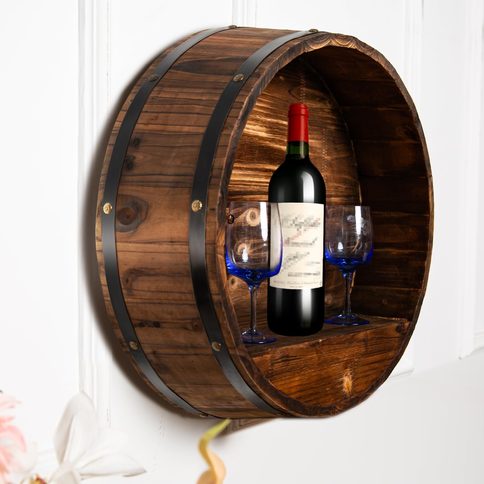 Whiskey Barrel Shelf - Rustic Oak Wall Mount Wine Rack & Bourbon Barrel Decor - Vintage Wine Bottle Holder for Home Bar, Kitchen, or Cellar - Perfect for Wine Storage & Country Style Home Décor (Small)