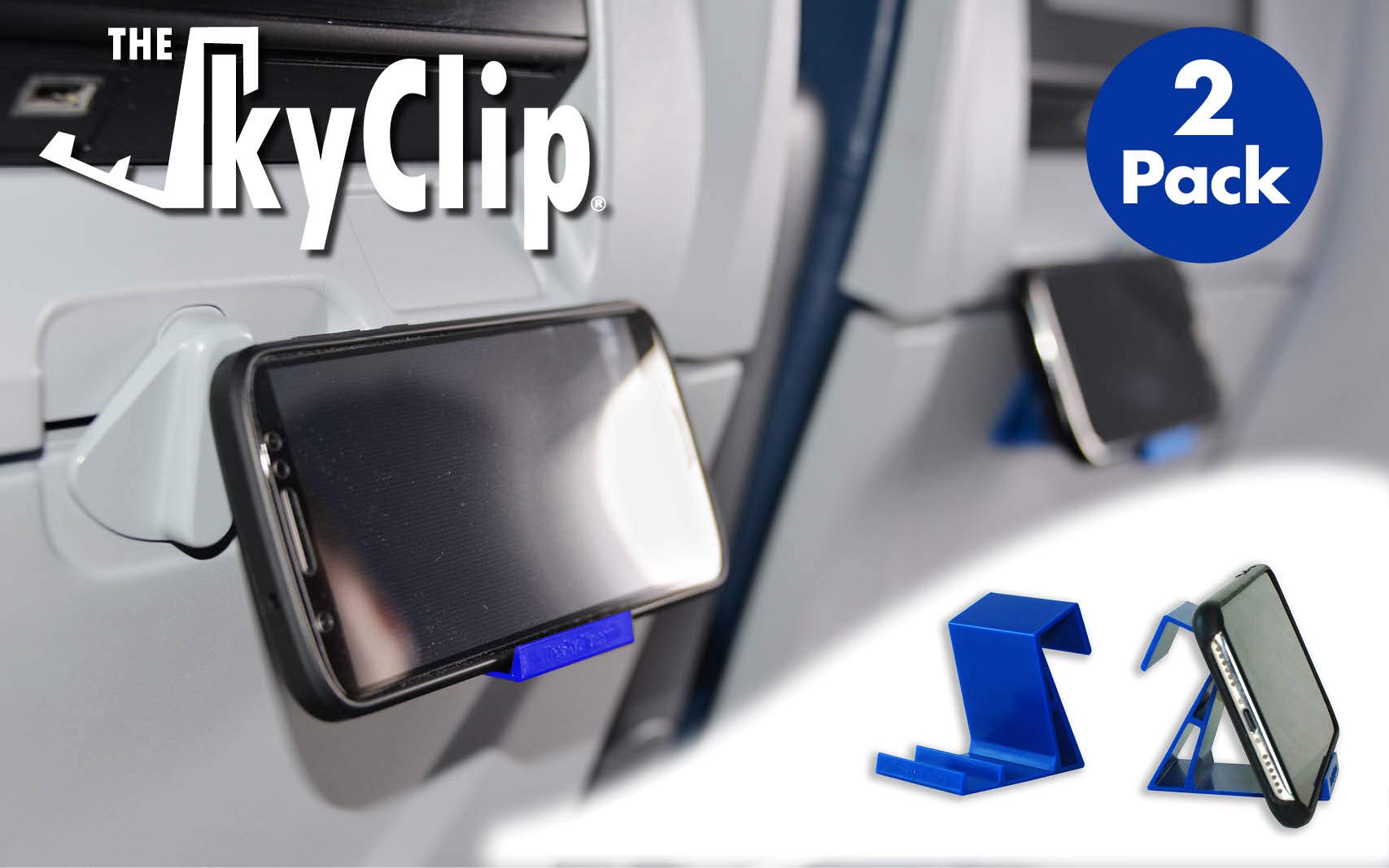 SkyClip Airplane Phone Holder - Secure Back of Seat Tray Table Clip & Durable Stand for iPhone, Android, Tablets - Perfect for Inflight Entertainment & Travel Accessories (Blue, 2 Pack) - Ideal for Watching Movies, Reading eBooks & Hands-Free Use on Flights