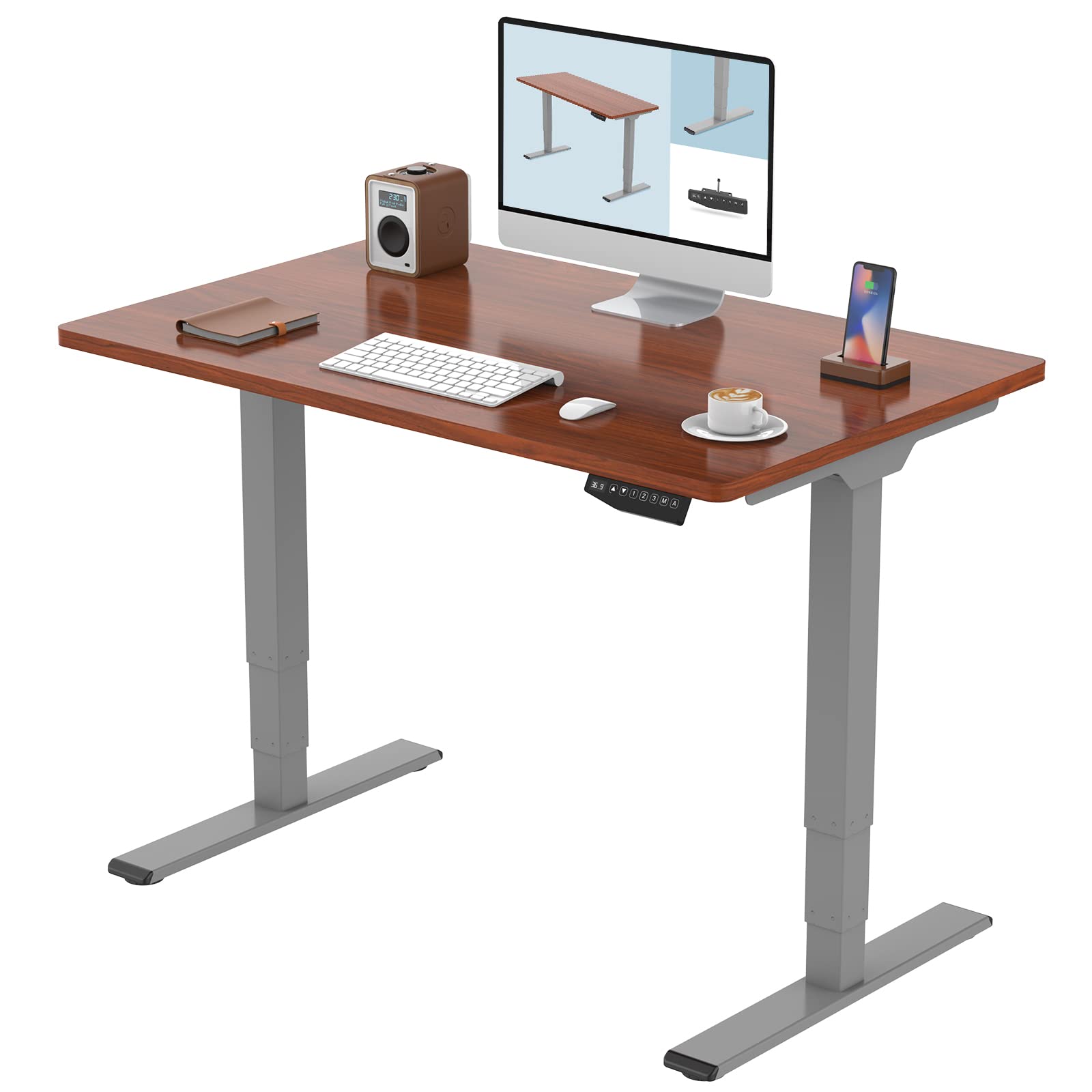 FLEXISPOT E4 Classic 3-Stage Dual Motor Electric Standing Desk - 48x30 Inches Solid Wood Desktop, Height Adjustable Sit Stand Desk (Silver Frame & Mahogany Top) | Perfect for Home Office, Gaming & Workspace Ergonomics