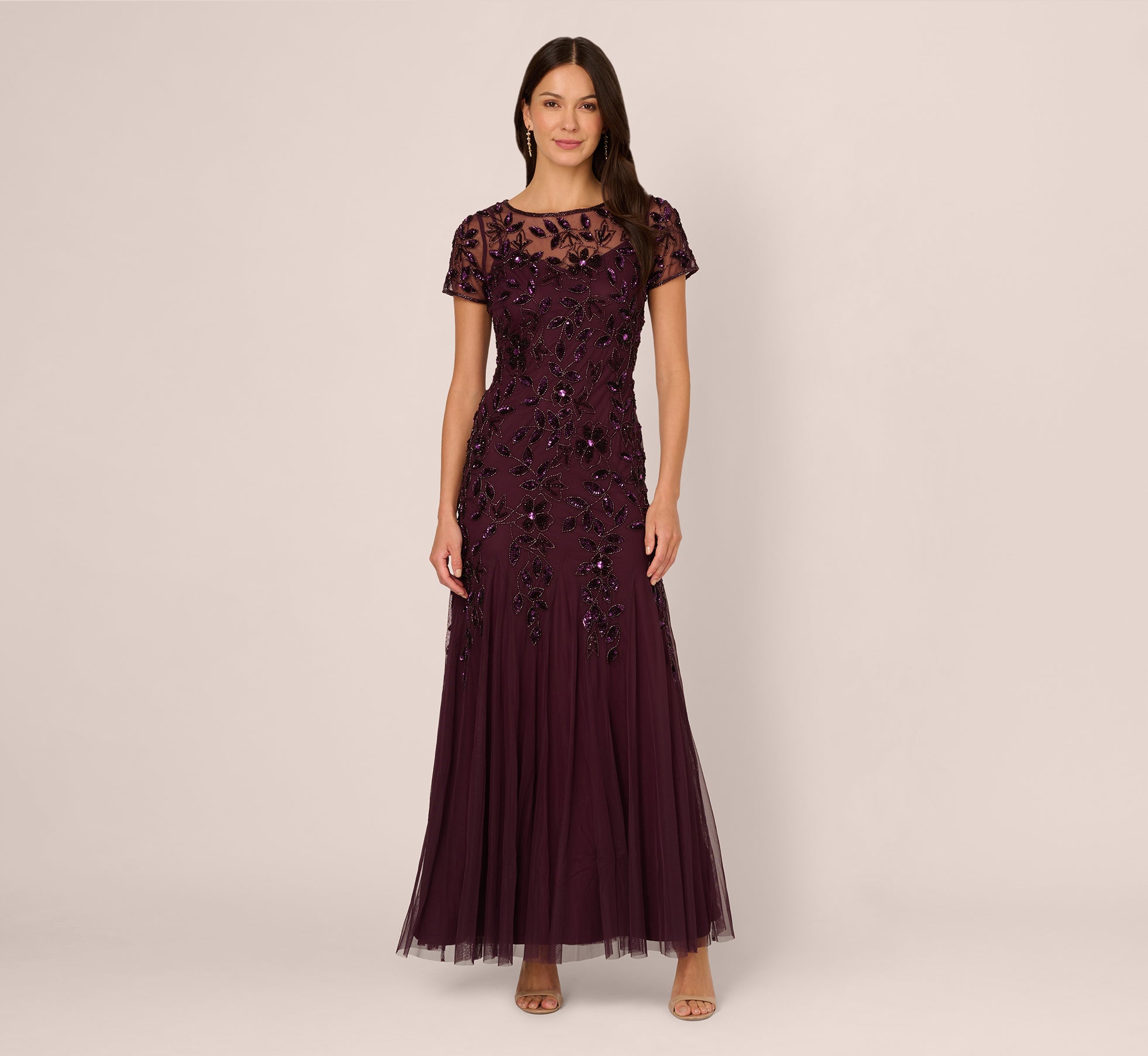 Hand Beaded Short Sleeve Floral Godet Gown in Night Plum - Elegant Evening Dress for Weddings, Parties & Special Occasions