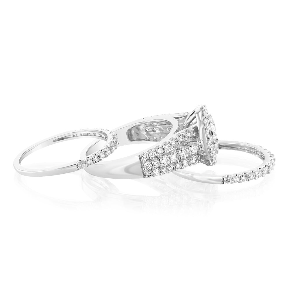 14K White Gold 1.95 Carat Diamond Halo Bridal 3-Piece Wedding Ring Set with Brilliant Cut Diamonds | Engagement, Proposal & Anniversary Gift for Her