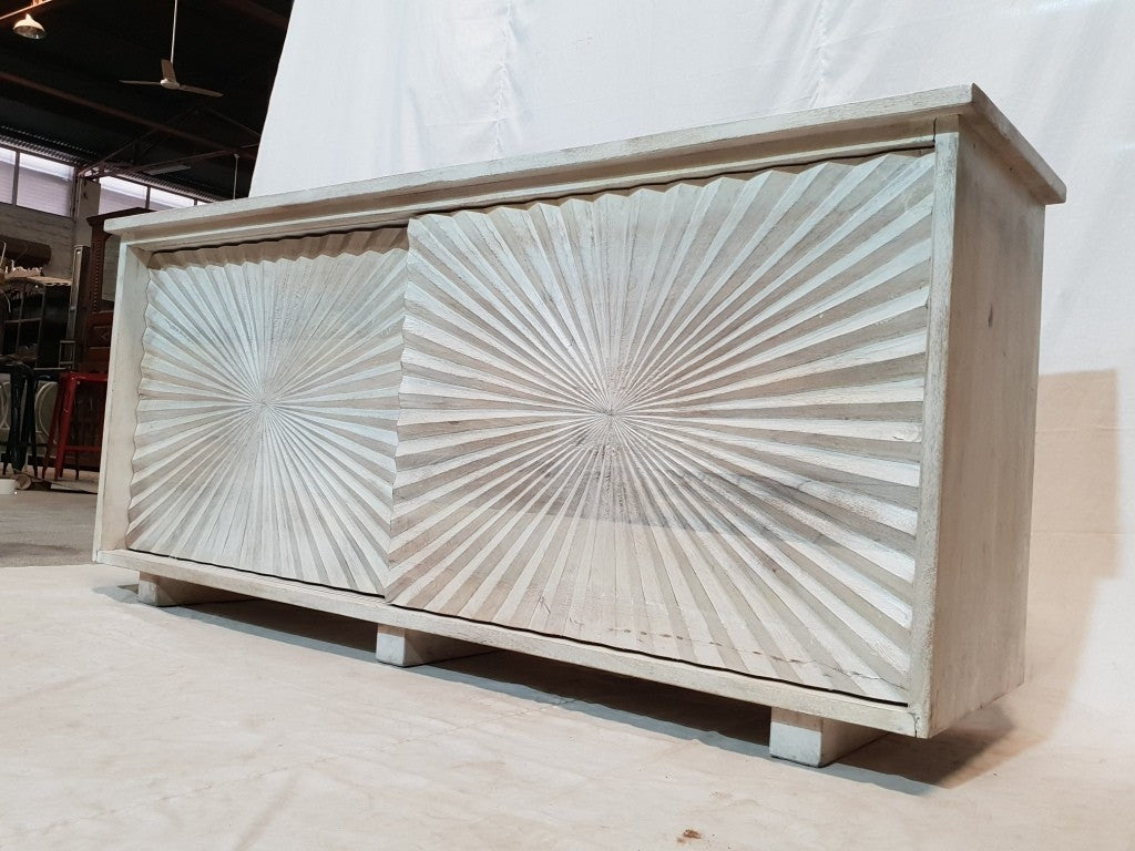 French Hand Carved Rustic White Buffet Sideboard - Large Dining Room Storage Cabinet 172x43x75cm | Perfect for Farmhouse Decor, Kitchen Organization & Dining Room Furniture