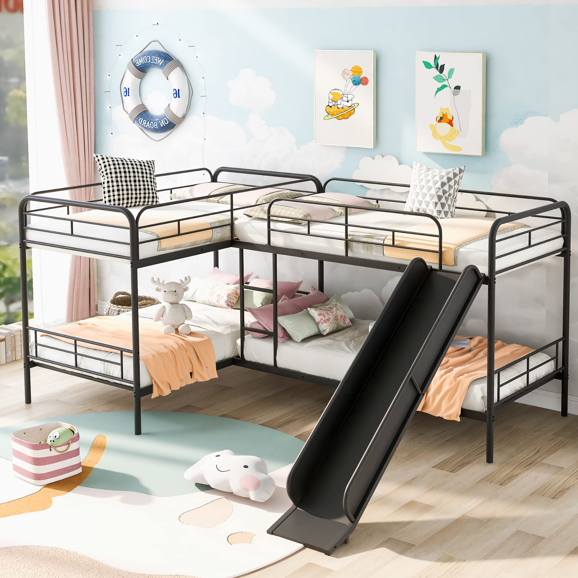 Harper & Bright Designs L-Shaped Metal Twin Bunk Beds with Slide - Twin Over Twin Metal Corner Bunk Bed with Guardrail & Ladder for Kids - Space-Saving Black Bunk Bed for Small Rooms - No Box Spring Needed - Perfect for Shared Kids' Bedrooms, Sleepovers & Vacation Homes
