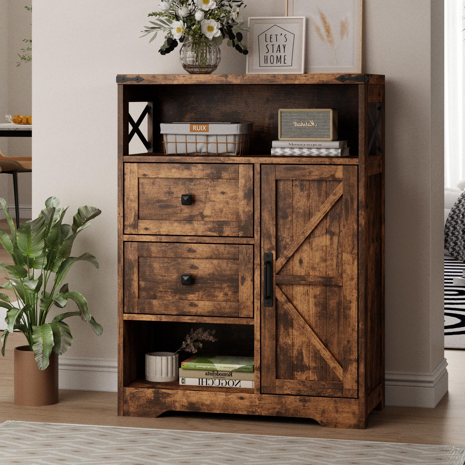 Farmhouse Storage Cabinet with 2 Drawers & Open Shelves - Freestanding Organizer for Living Room, Bathroom, Kitchen & Laundry - Rustic Brown Wooden Cabinet for Home Organization & Decor
