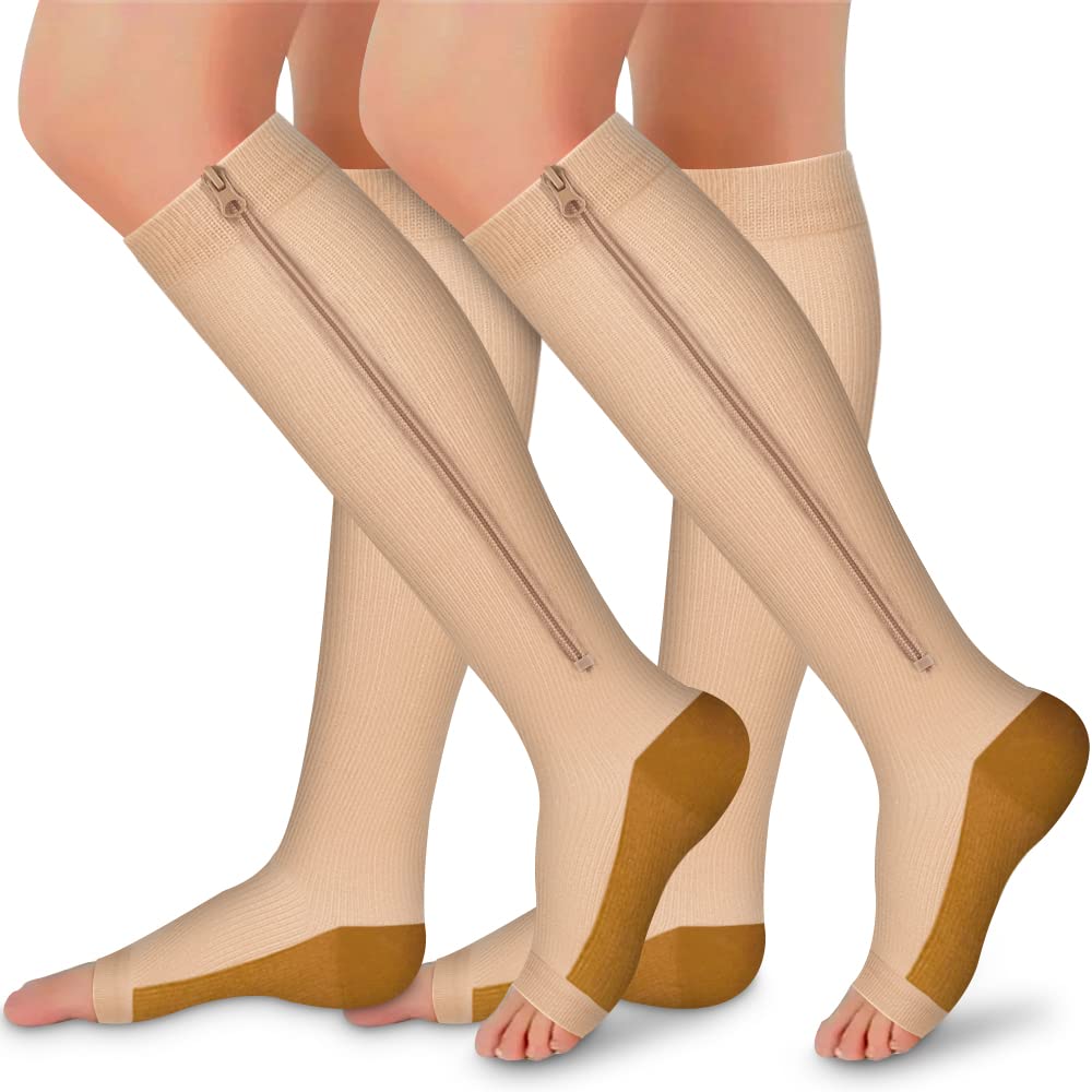 Copper Compression Socks 2 Pairs - Open Toe Toeless Support Socks for Women & Men - Improve Circulation, Reduce Swelling for Running, Travel & Recovery