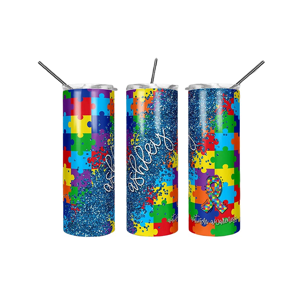 20oz Custom Personalized Skinny Tumbler with Leak-Proof Lid - Autism Awareness Stainless Steel Water Bottle for Men & Women - Perfect for Office, Gym, Travel & Outdoor Activities