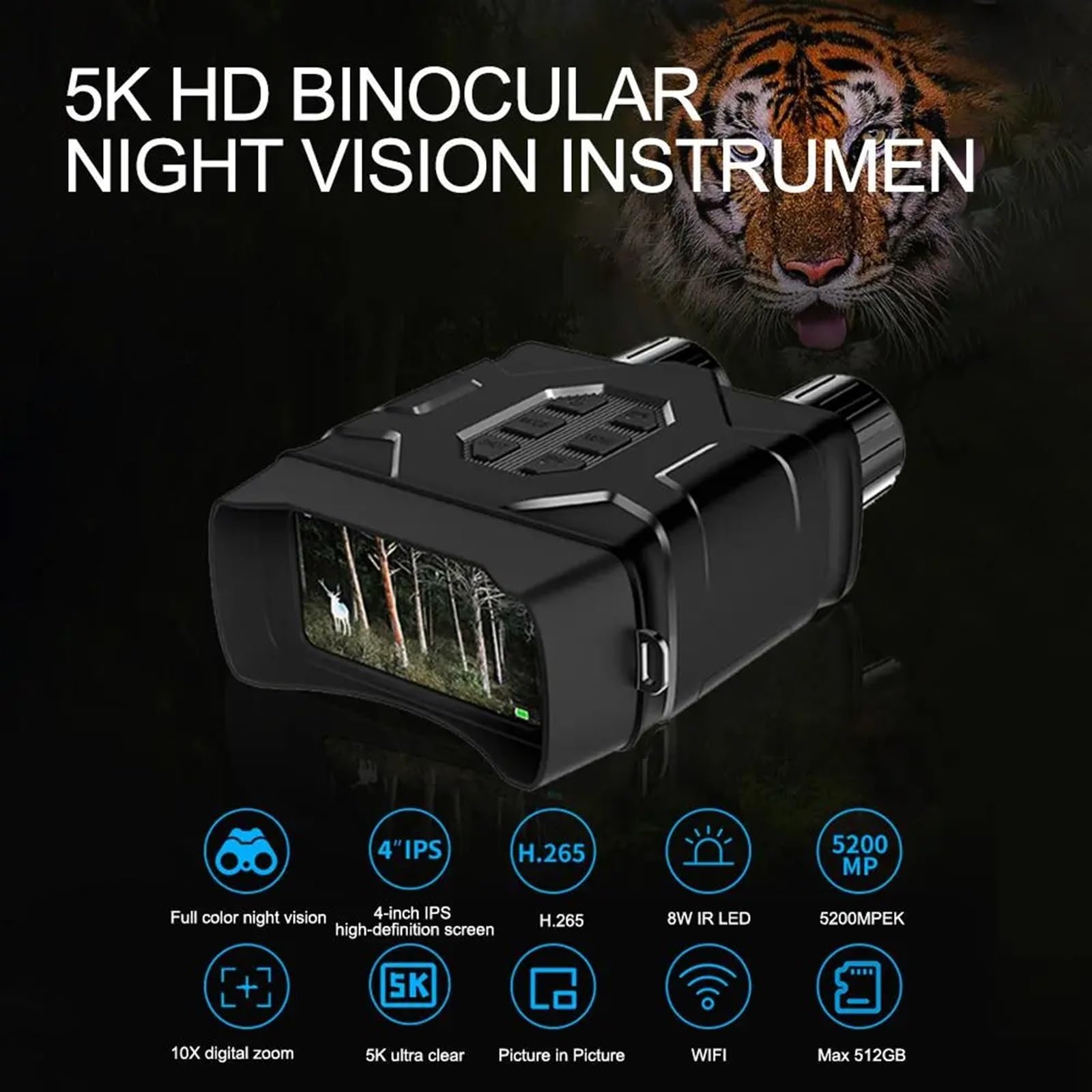 ASVIL 800M Night Vision Goggles with 5K Ultra HD, 10X Digital Zoom & WiFi - Infrared Binoculars for Hunting, Camping, Wildlife Observation - Perfect for Nighttime Outdoor Adventures and Security Surveillance