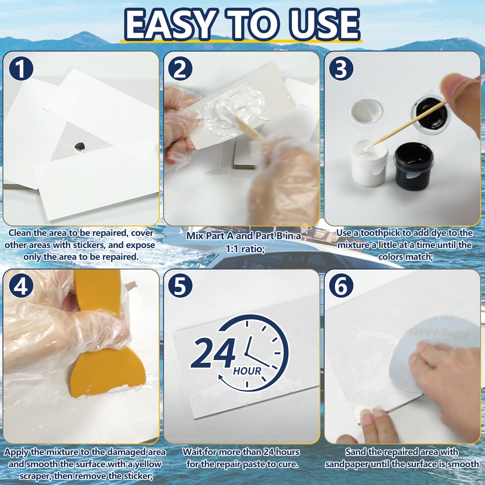 **Marine Fiberglass & Gel Coat Repair Kit for Boats - Epoxy Filler to Fix Holes, Chips, Pits, Cracks (Color Match) - Perfect for DIY Boat Hull, Deck & Surface Repairs**