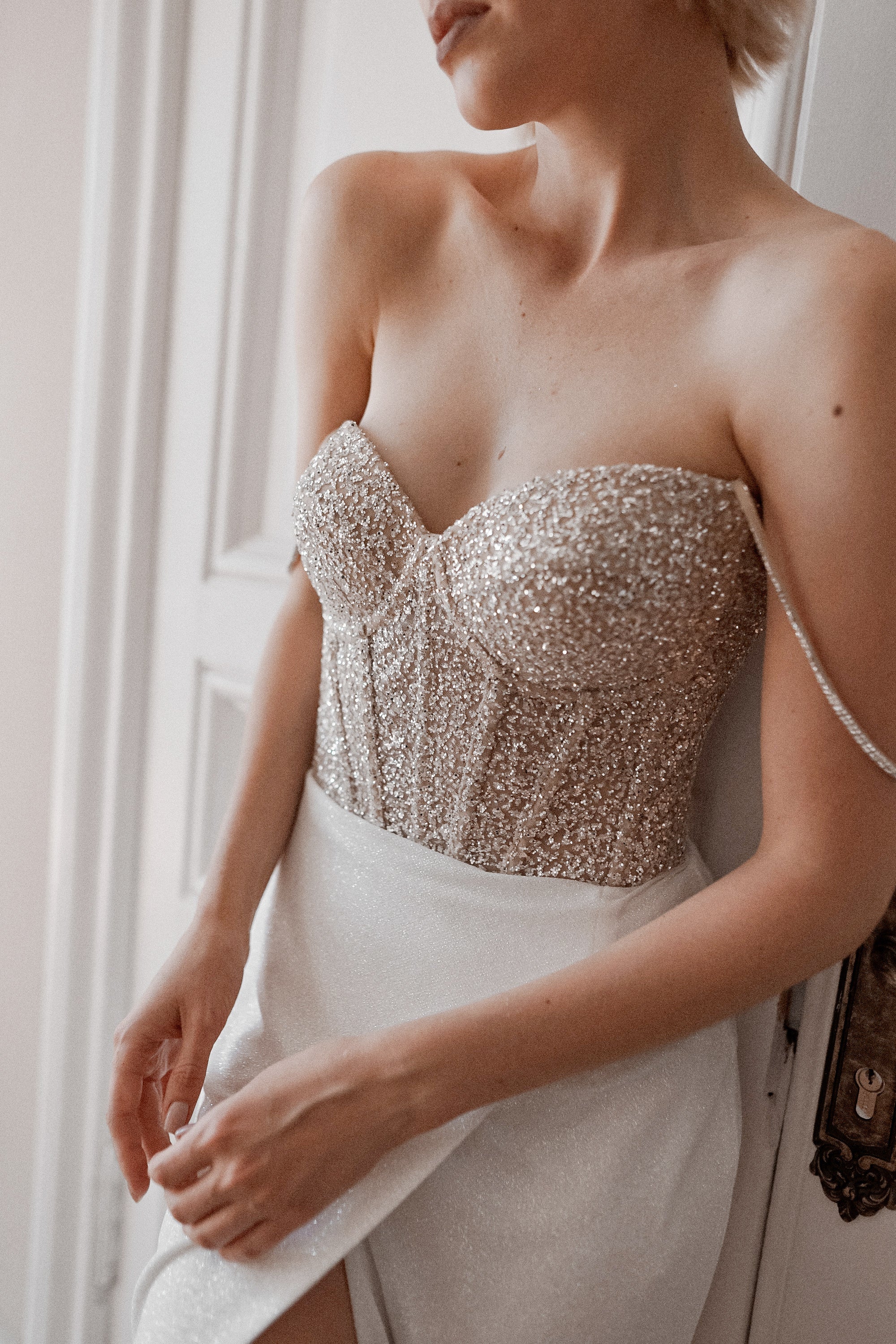 Sparkly A-Line Wedding Dress with Beaded Detailing - Elegant Madonna Style Bridal Gown for Church Ceremony & Romantic Reception