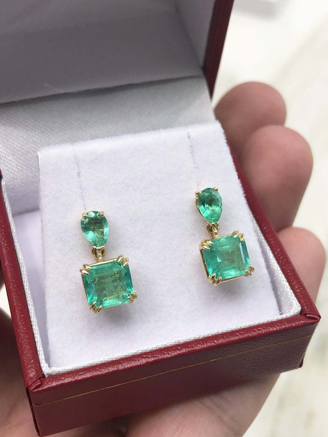 3.40tcw Elegant Emerald Cut & Pear Dangle Earrings in 14K Gold - Perfect for Weddings, Parties & Special Occasions