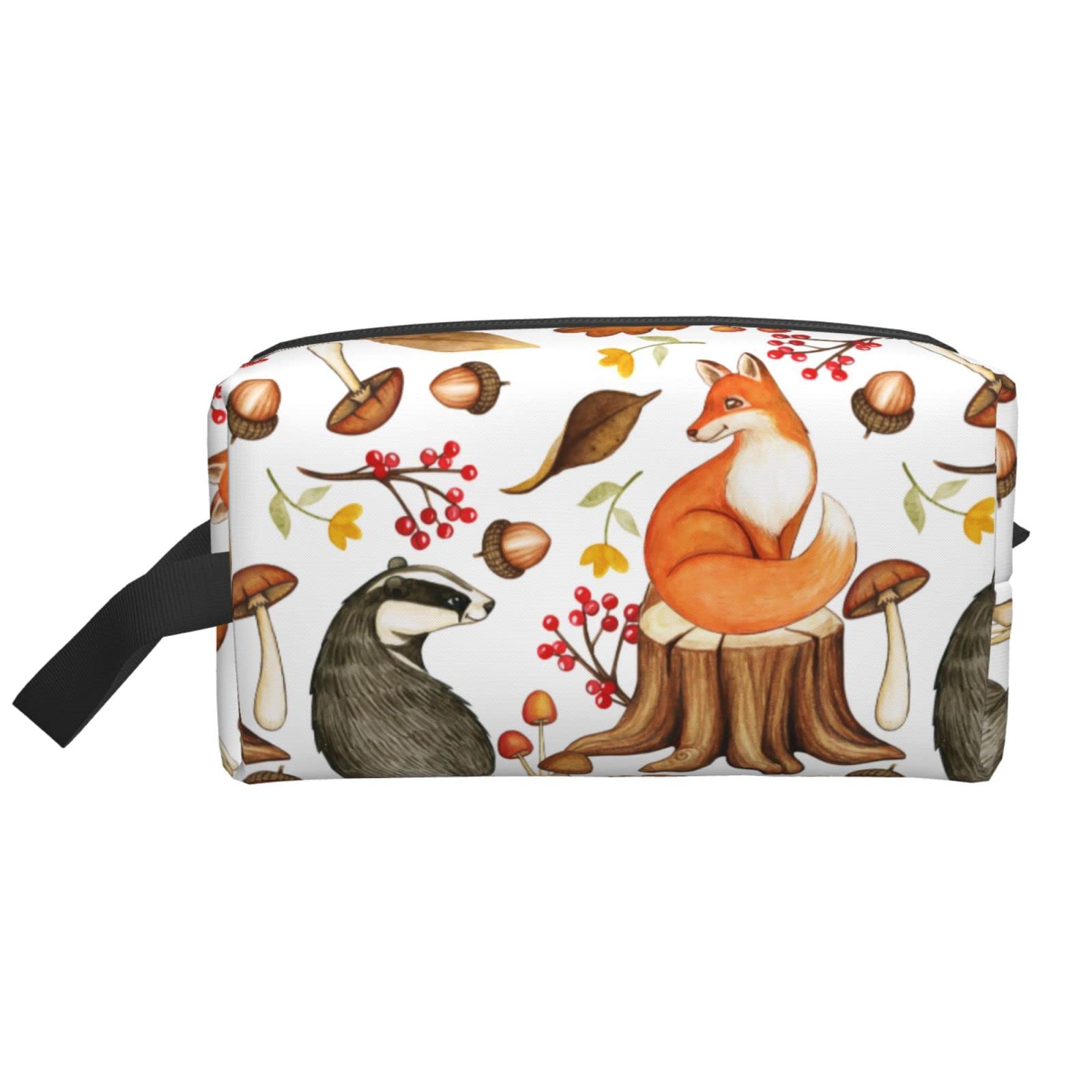 Waterproof Woodland Fox & Badger Watercolor Cosmetic Bag for Women & Girls - Cute Makeup Pouch, Travel Toiletry Organizer - Perfect Gift for Birthday, Bridal Shower & Daily Use