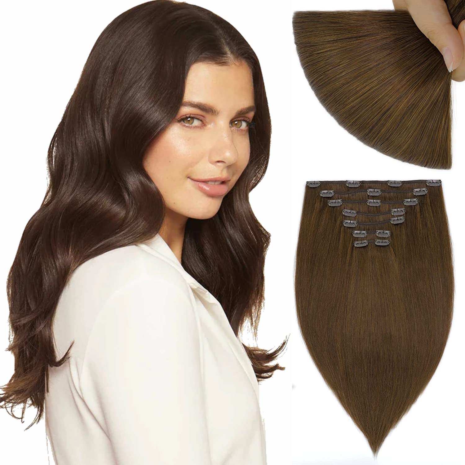 Chocolate Brown Clip In Hair Extensions 14 Inches - 7PCS 120g Real Human Hair, 9A Remy Silky Straight for Women | Perfect for Daily Wear, Parties & Special Occasions