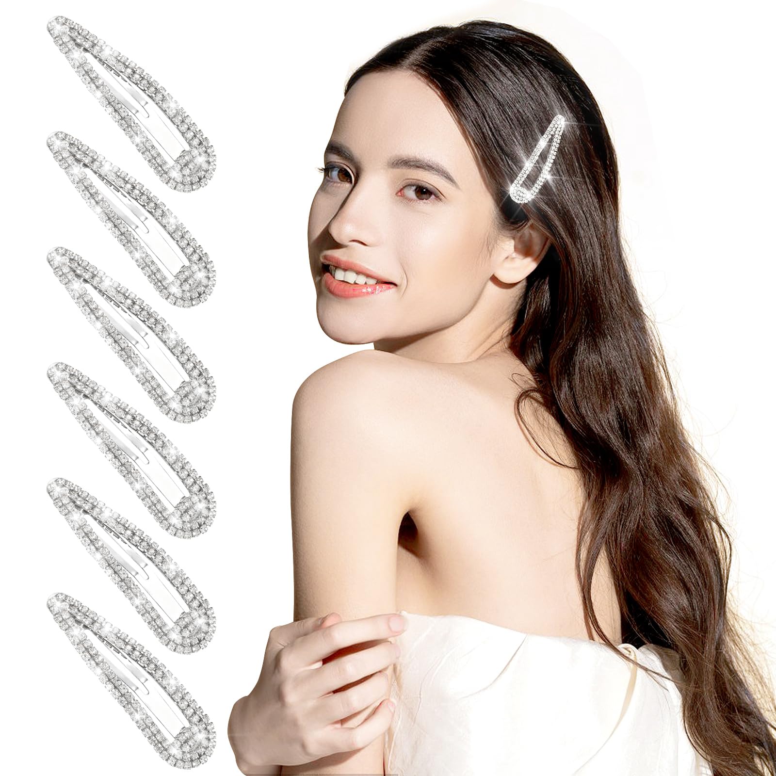 2.4 Inch Rhinestone Hair Clips for Women - 6PCS Silver Snap Barrettes, Sparkly Hair Pins for Girls & Women - Perfect for Weddings, Parties & Daily Hair Accessories