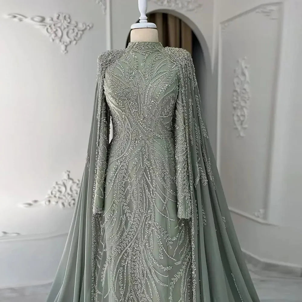 Luxury Dubai Muslim Sage Green Mermaid Cape Sleeves Beaded Satin Evening Gowns for Women - Elegant Party Dresses for Weddings, Galas & Special Occasions