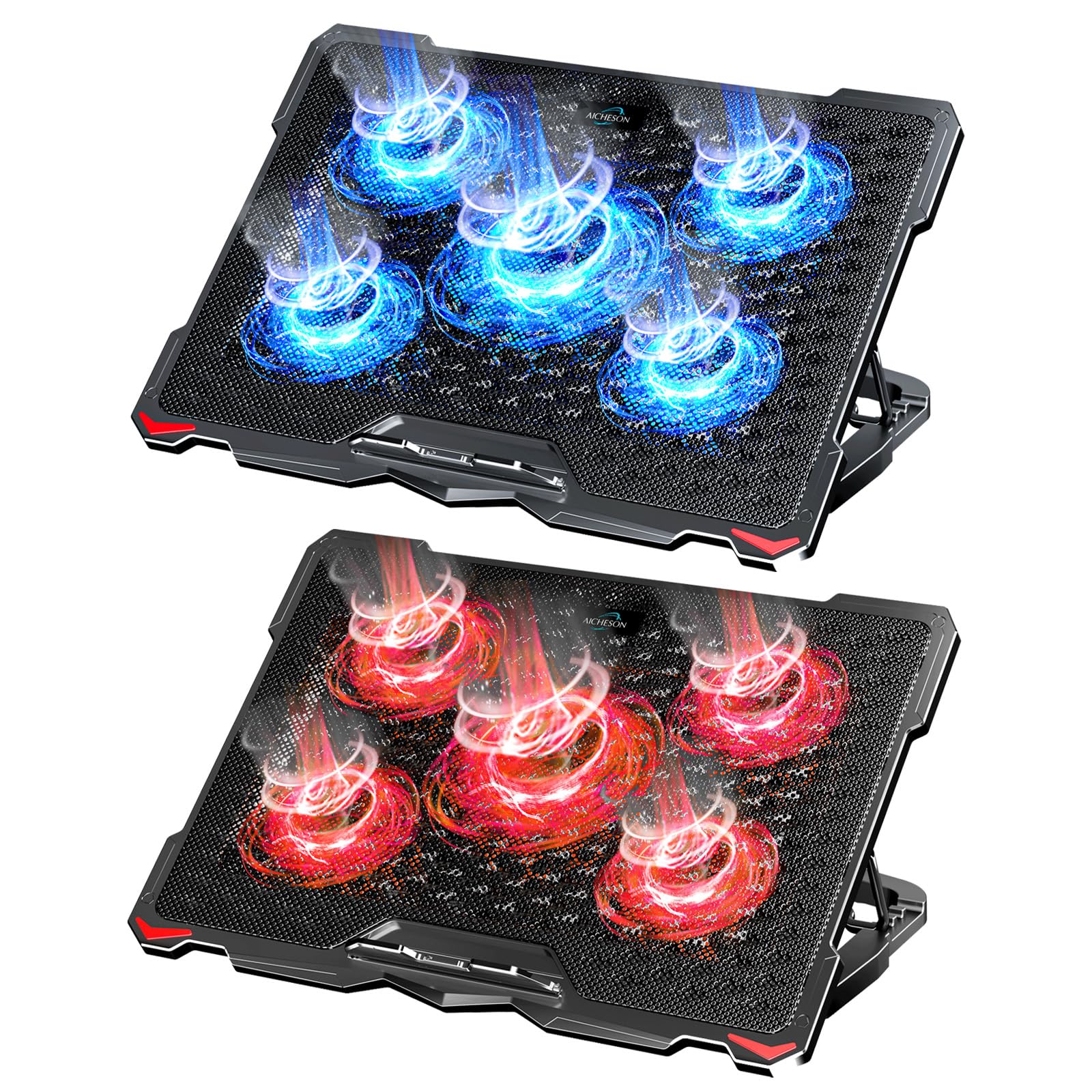 AICHESON 5-Fan Laptop Cooling Pad with Blue & Red LED Lights - Adjustable Ergonomic Stand for Multiple Height Settings - Perfect for Gaming, Office Work & Home Use