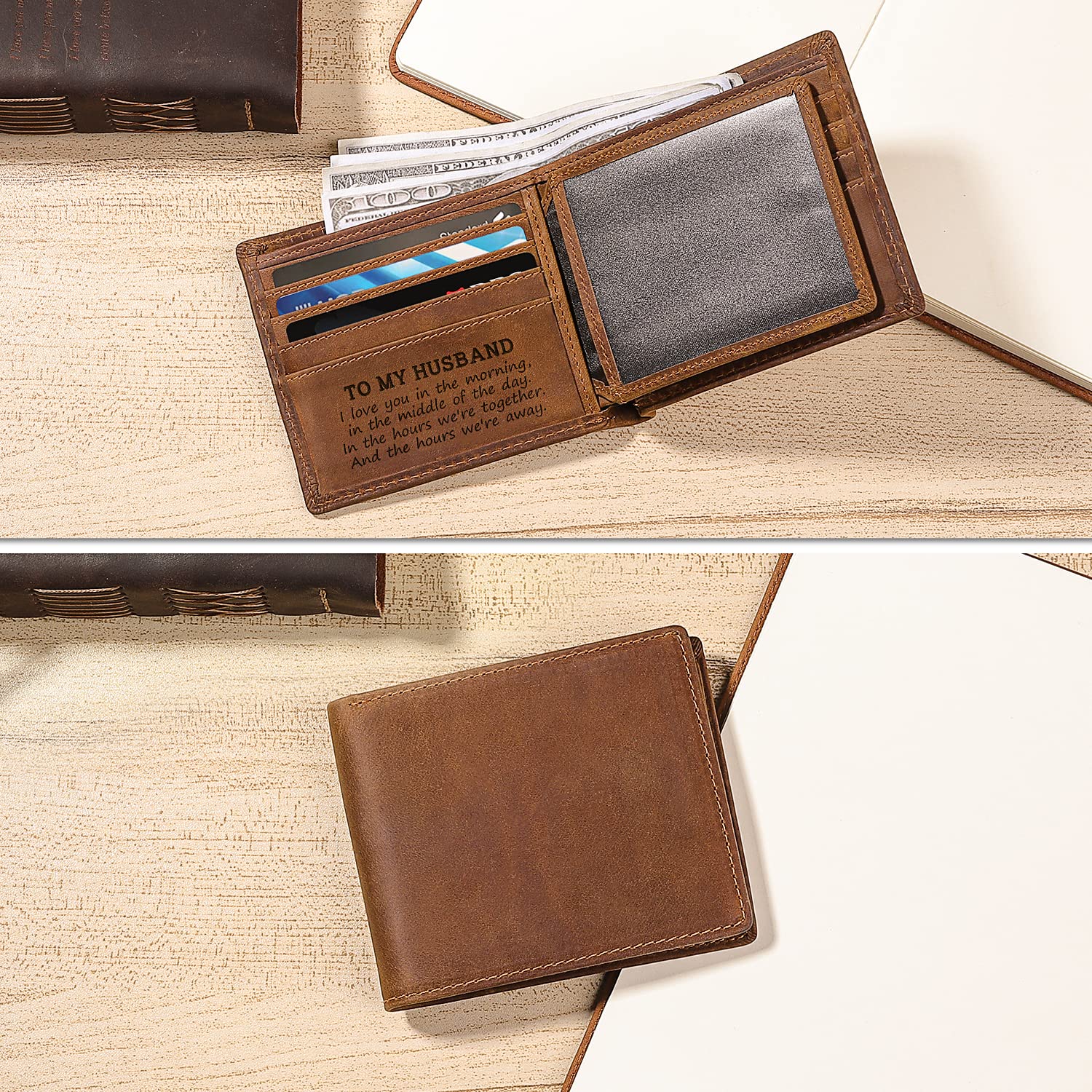 Personalized Engraved Leather Wallet for Men - RFID Blocking Bifold Wallet - Anniversary, Christmas, Birthday Gift for Husband from Wife - Perfect for Travel, Business & Everyday Use