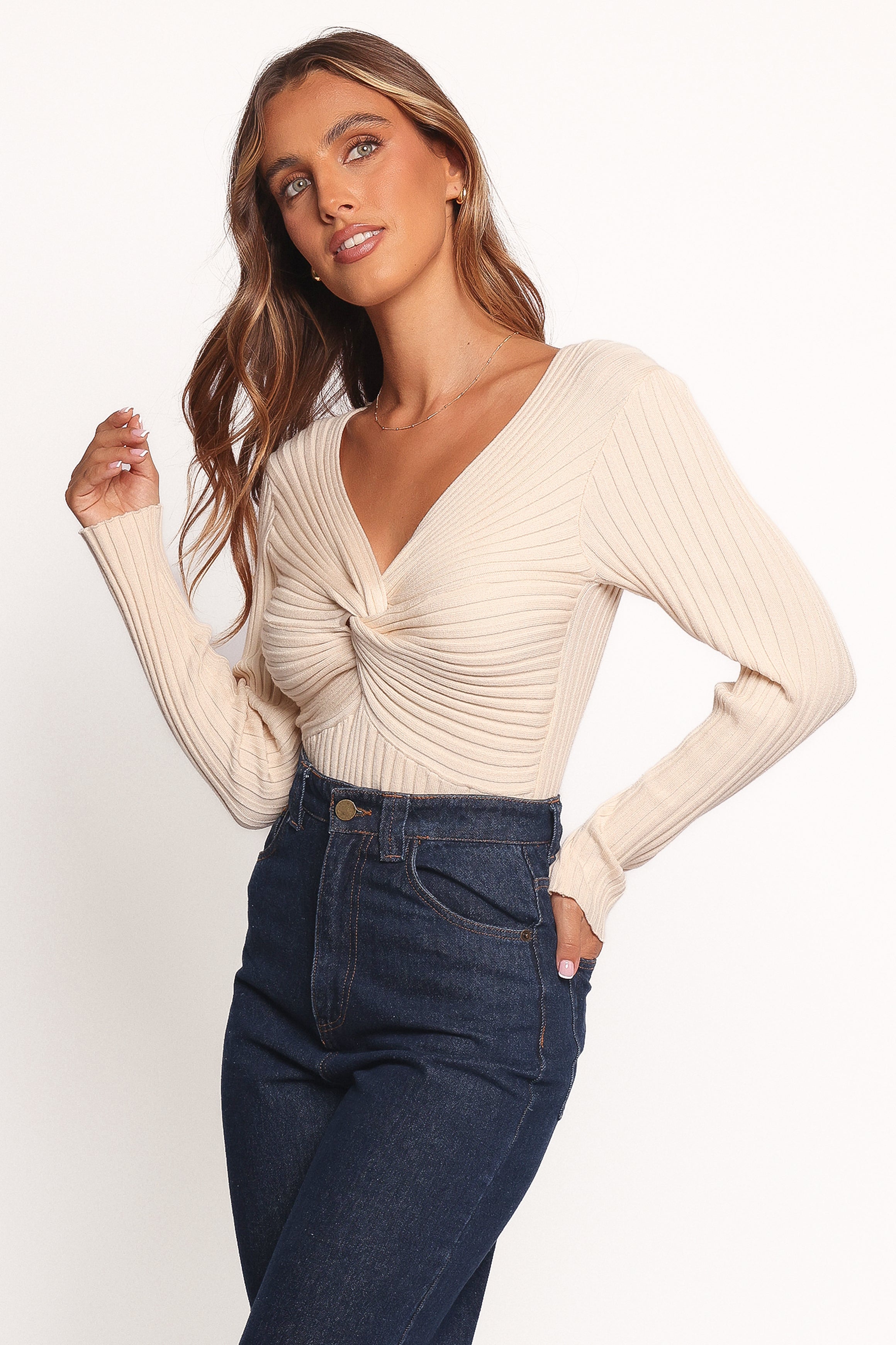 Demi Twist Detail Knit Top for Women - Soft Cream Sweater, Casual Chic Pullover for Fall & Winter | Perfect for Office, Date Night & Weekend Outfits