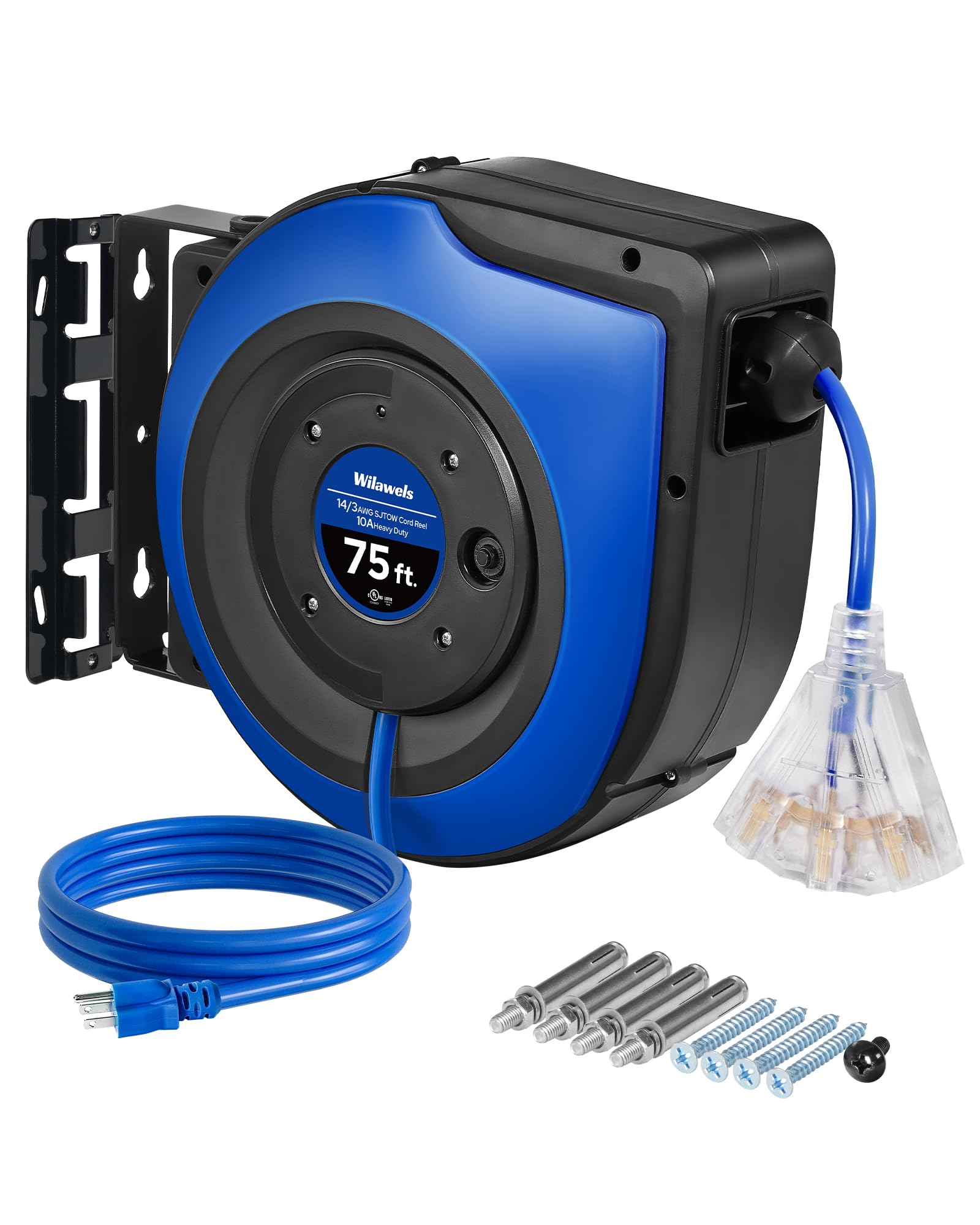 75 FT Heavy Duty Retractable Extension Cord Reel - 14AWG/3C SJTOW with 3 Grounded Outlets & Lighted Triple Tap - 10A Circuit Breaker - Wall/Ceiling Mount - UL Listed (Blue U75CR06) - Perfect for Workshops, Garages, and Outdoor Power Tools