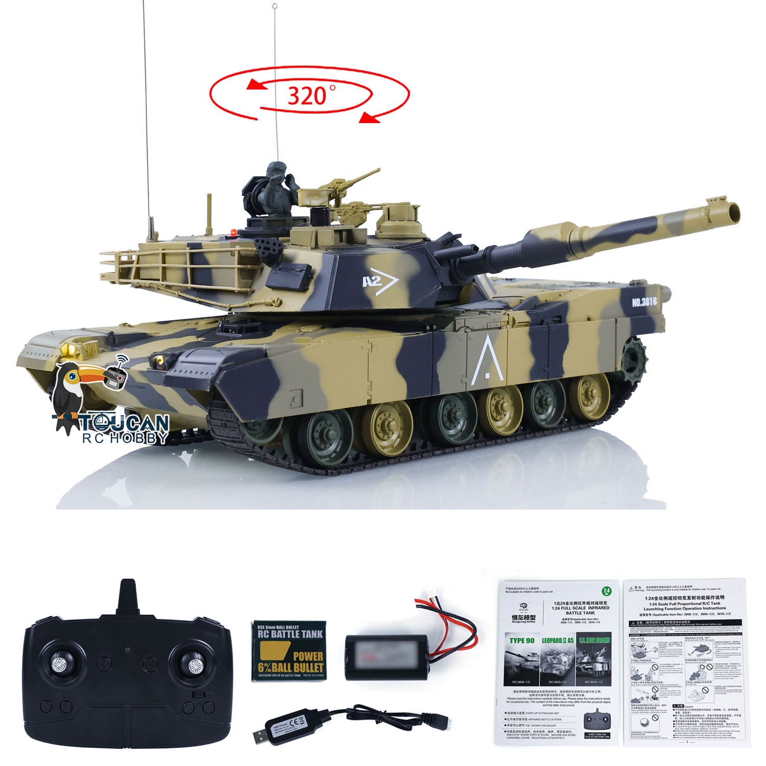 Heng Long 1/24 Scale RC Tank Abrams M1A2 3816 - 2.4GHz Remote Control Battle Vehicle, Realistic Military Panzer Simulation Model, Pre-Painted & Assembled - Perfect for Military Enthusiasts, Collectors and RC Battle Games