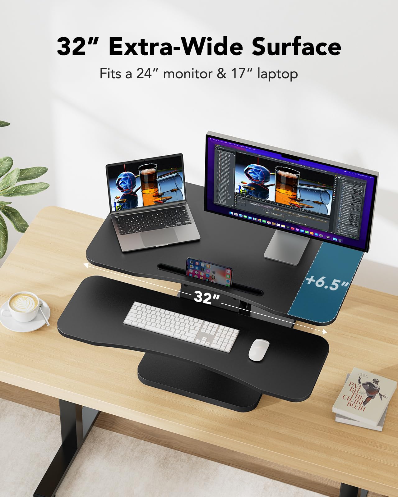 HUANUO 32 Inch Adjustable Standing Desk Converter - Ergonomic Sit Stand Desk Riser with Spacious Keyboard Tray for Home Office, Dual Monitor & Laptop Workstation | Perfect for Remote Work, Gaming & Study (Black)