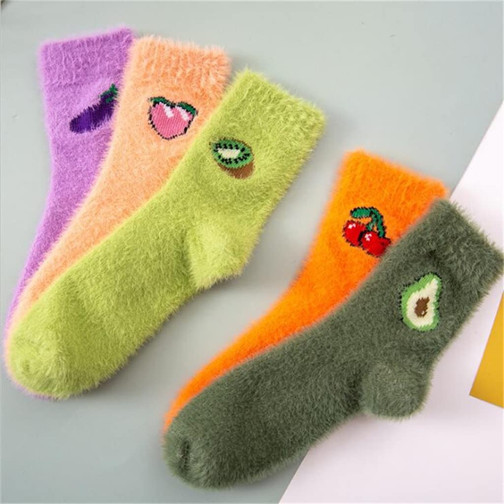 Women's Thermal Fluffy Socks - Winter Warm Fuzzy Socks for Women & Girls - Soft Avocado Cherry Eggplant Print - One Size - Perfect for Cold Weather, Home, Office & Christmas Gifts
