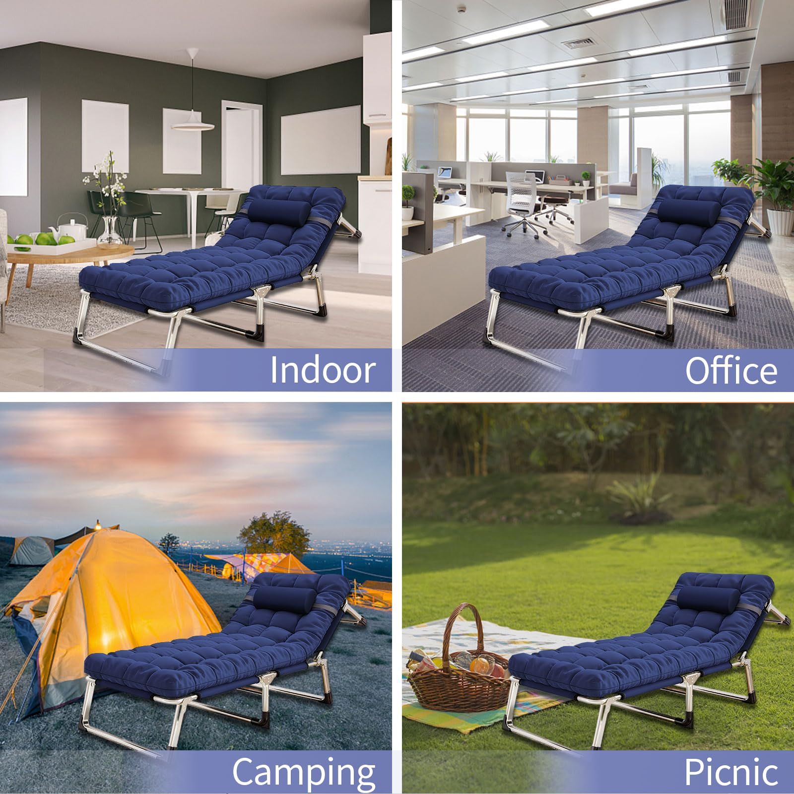 Extra Wide Camping Cots for Adults - Heavy Duty Folding Cot with Removable Mattress & Pillow, Portable Reclining Lounge Chair for Outdoor, Backyard, Beach, RV Trips - Perfect for Camping, Hiking & Travel (Blue)