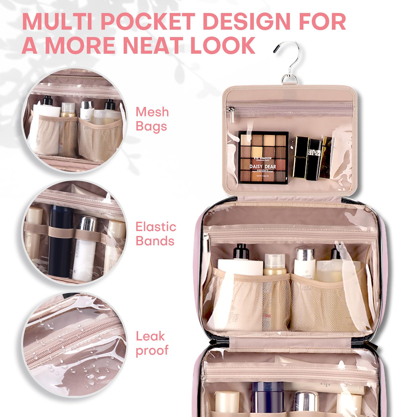 Waterproof Hanging Toiletry Bag for Women - Travel Makeup Organizer with Hook, Small Pink Cosmetic Pouch - Perfect for Airplane, Gym & Weekend Getaways